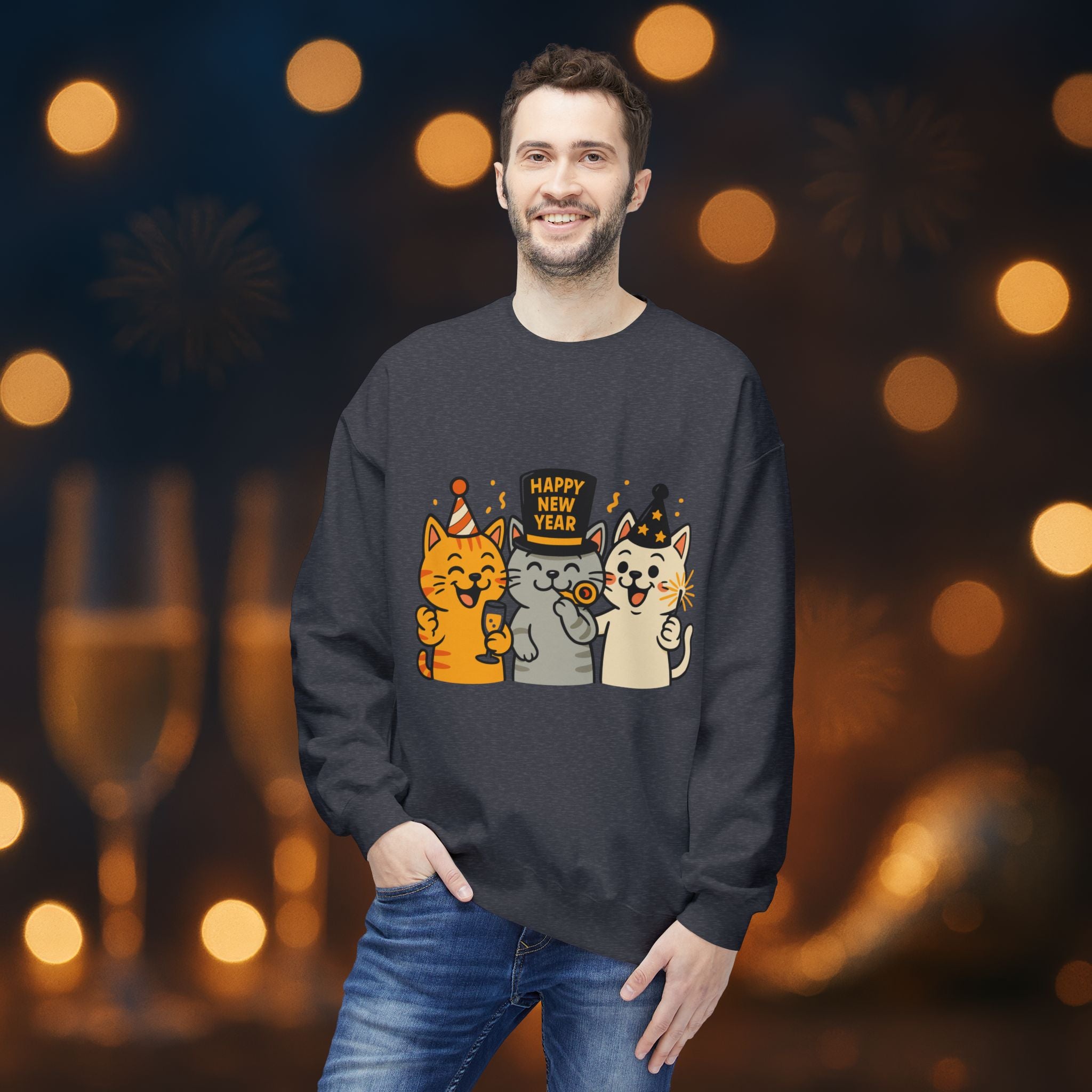 Happy New Year Cats Sweatshirt – Cute Party Cat Crewneck | New Year’s Eve Cat Lover Gift