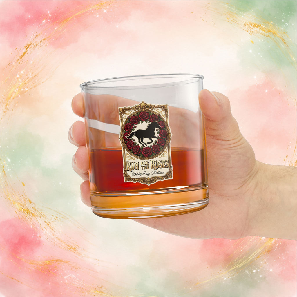 Run for the Roses Rocks Glass 10oz, Derby Day Bourbon Glass, Vintage Horse Whiskey Glass