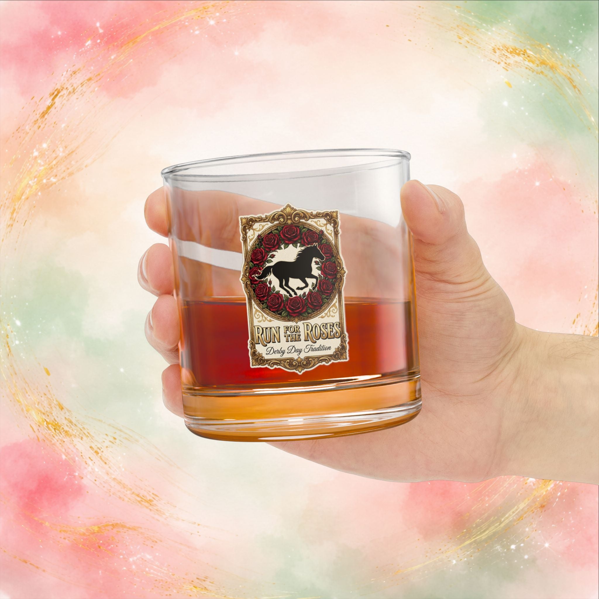 Run for the Roses Rocks Glass 10oz, Derby Day Bourbon Glass, Vintage Horse Whiskey Glass
