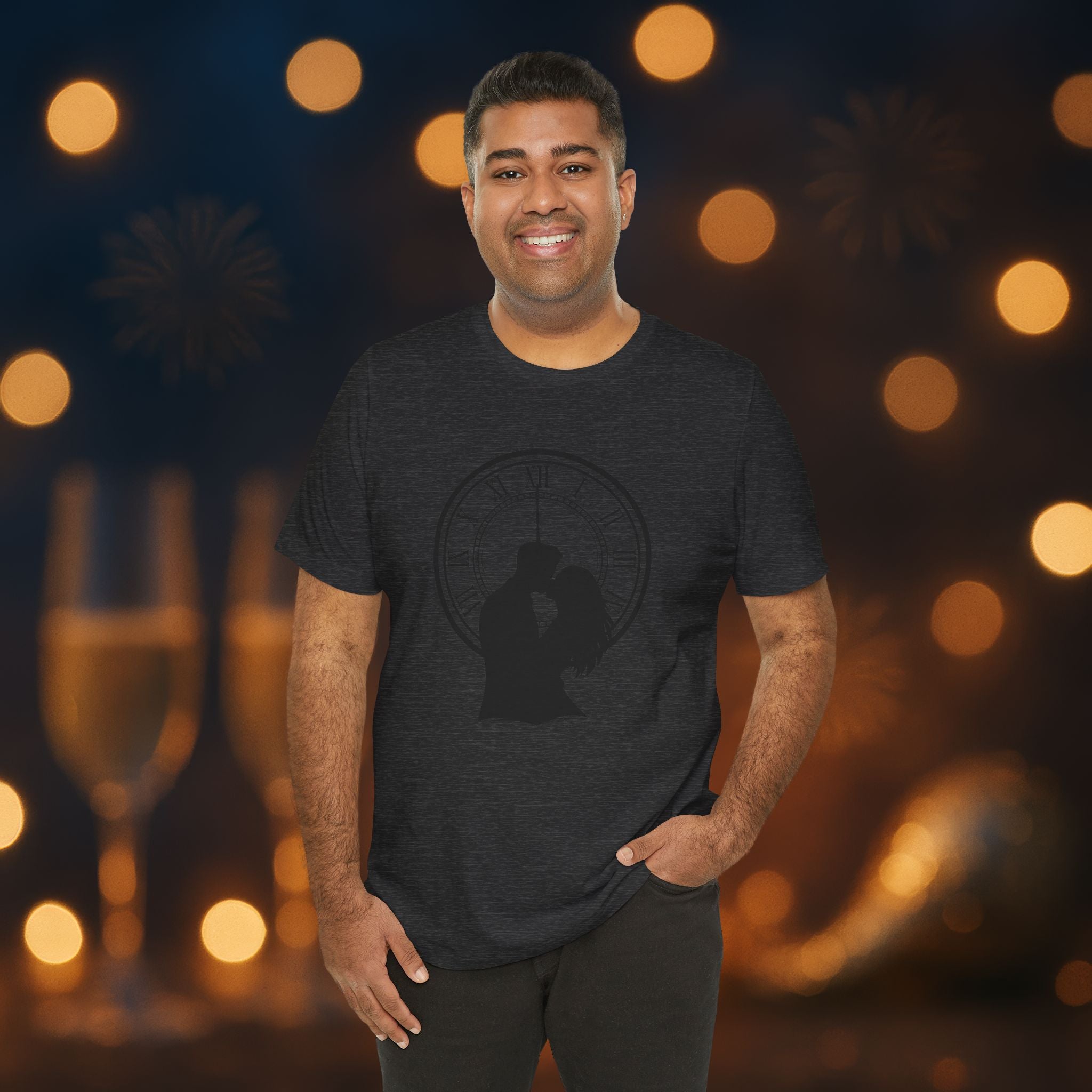 Midnight Kiss New Year’s Eve T-Shirt – Romantic Clock Silhouette Celebration Tee