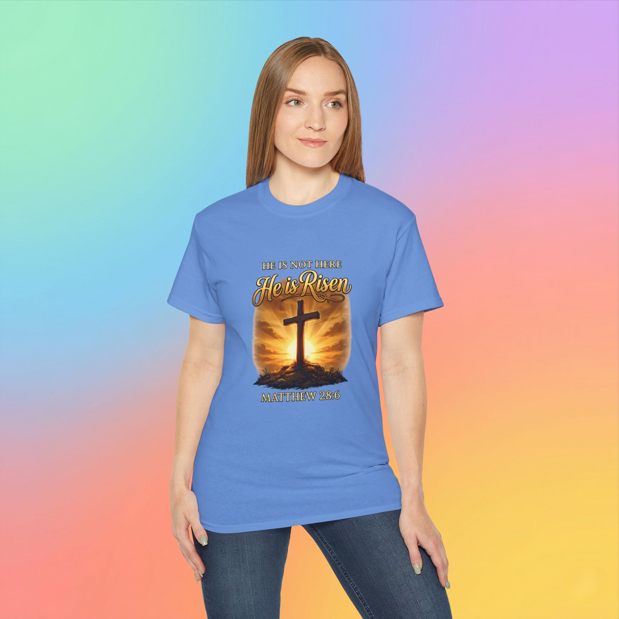 Christian Easter Shirt – He Is Risen Matthew 28:6 Cross Resurrection T-Shirt Faith-Based Easter Apparel