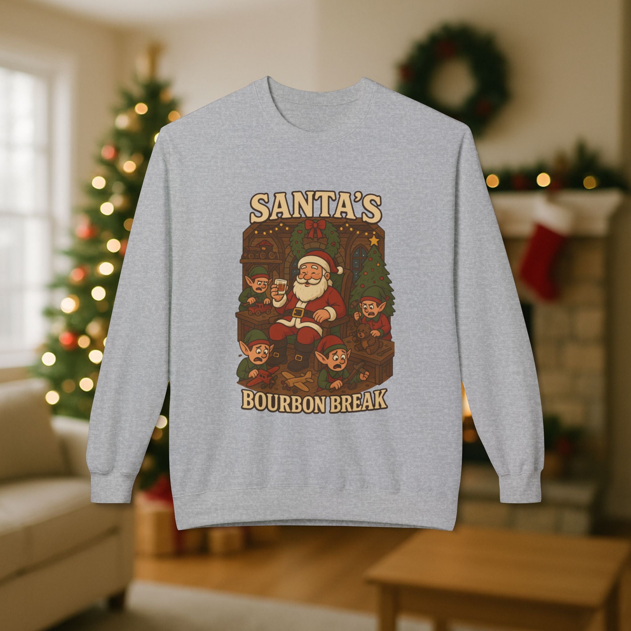 Santa’s Bourbon Break Christmas Sweatshirt – Funny Bourbon Lover Holiday Crewneck for Kentucky Bourbon Fans & Festive Christmas Gift