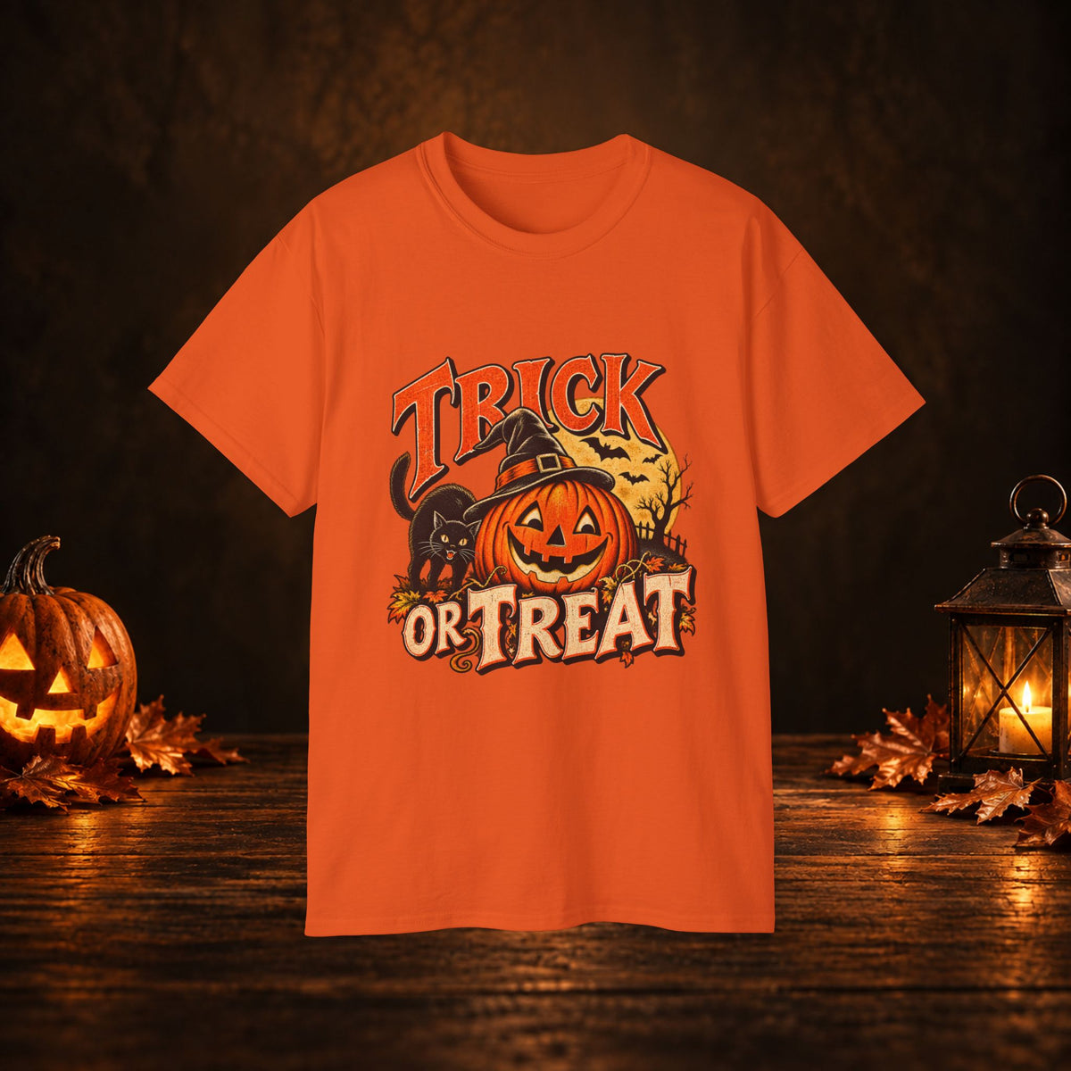 Trick or Treat Halloween T-Shirt – Pumpkin, Black Cat & Full Moon Tee