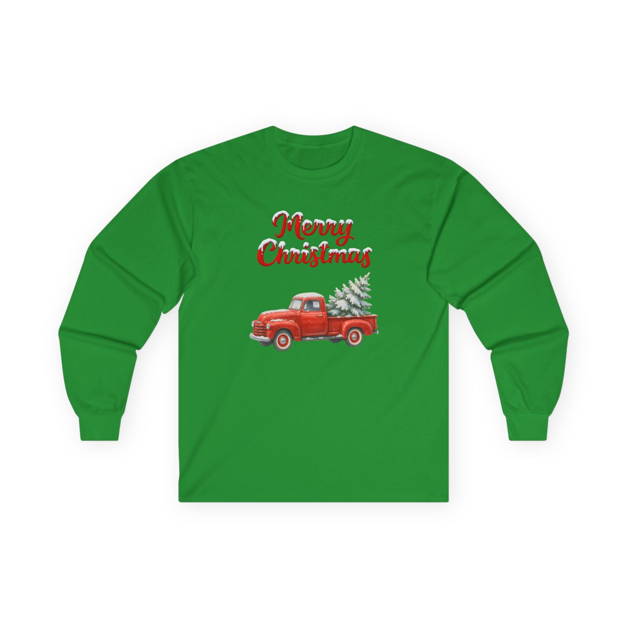 Merry Christmas Red Vintage Truck Long Sleeve T-Shirt – Classic Holiday Graphic Tee with Christmas Trees