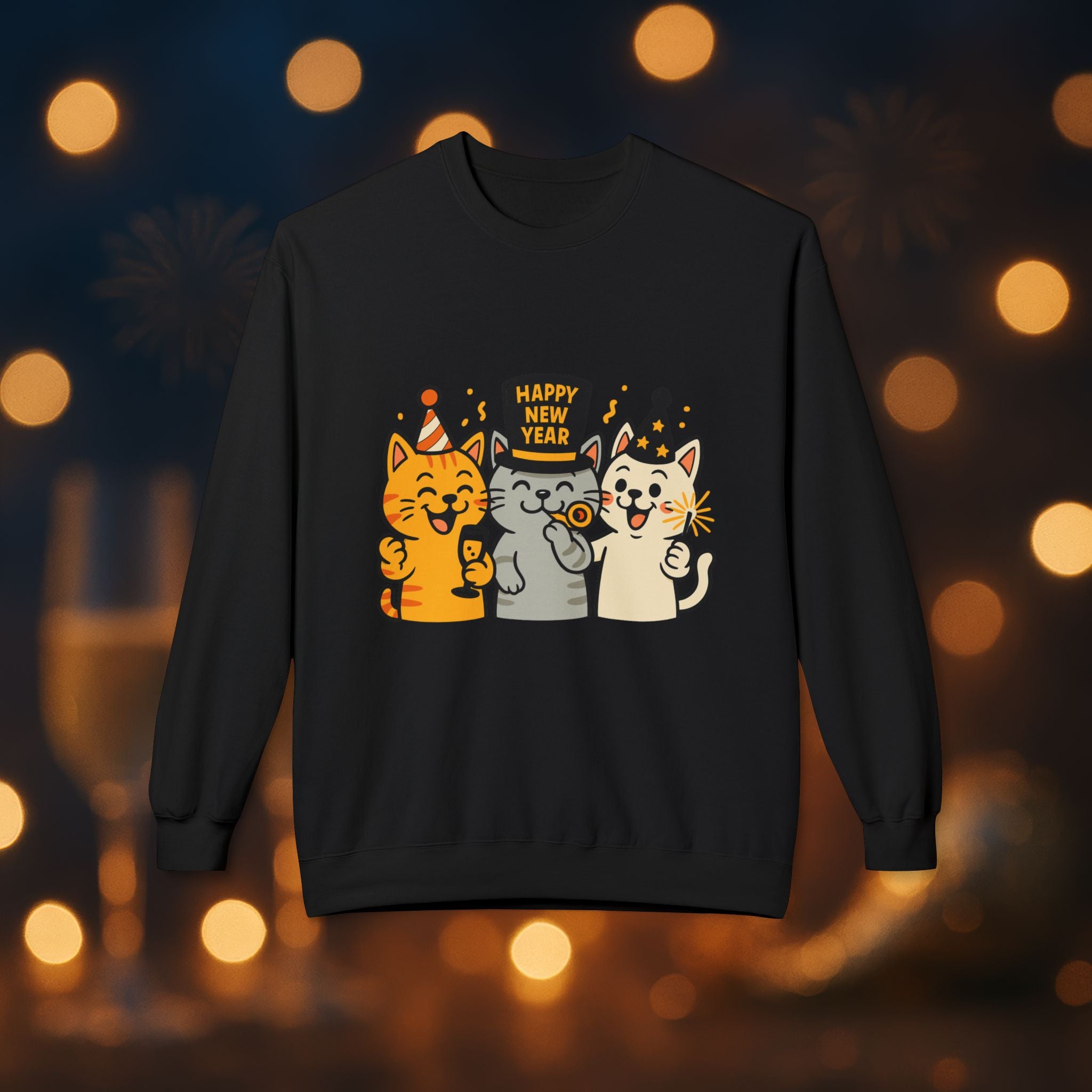 Happy New Year Cats Sweatshirt – Cute Party Cat Crewneck | New Year’s Eve Cat Lover Gift