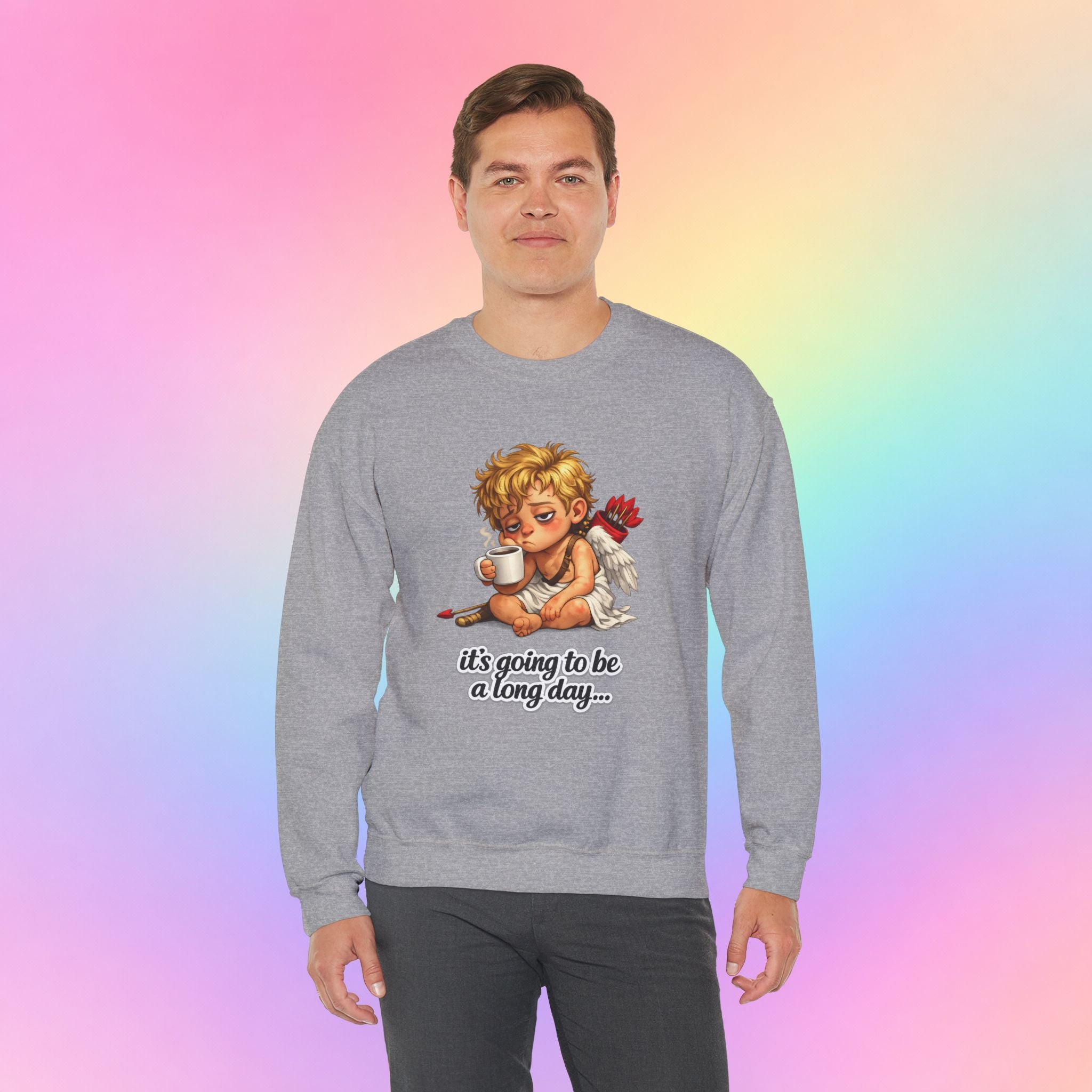It’s Going to Be a Long Day Cupid Valentine’s Day Sweatshirt – Funny Coffee Angel Pullover
