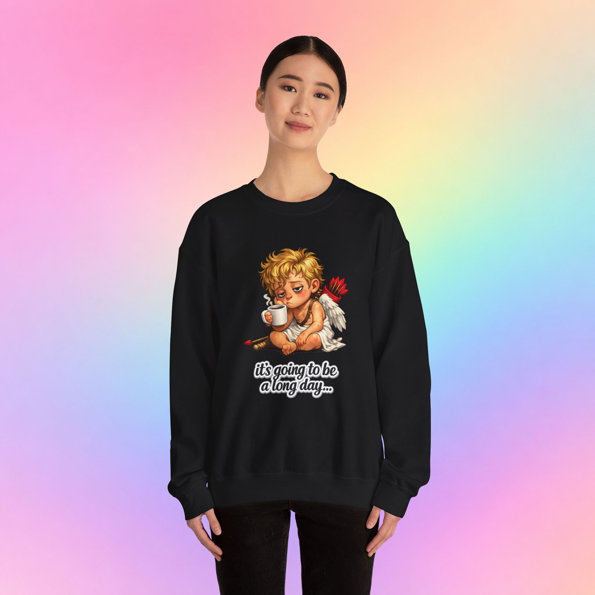 It’s Going to Be a Long Day Cupid Valentine’s Day Sweatshirt – Funny Coffee Angel Pullover