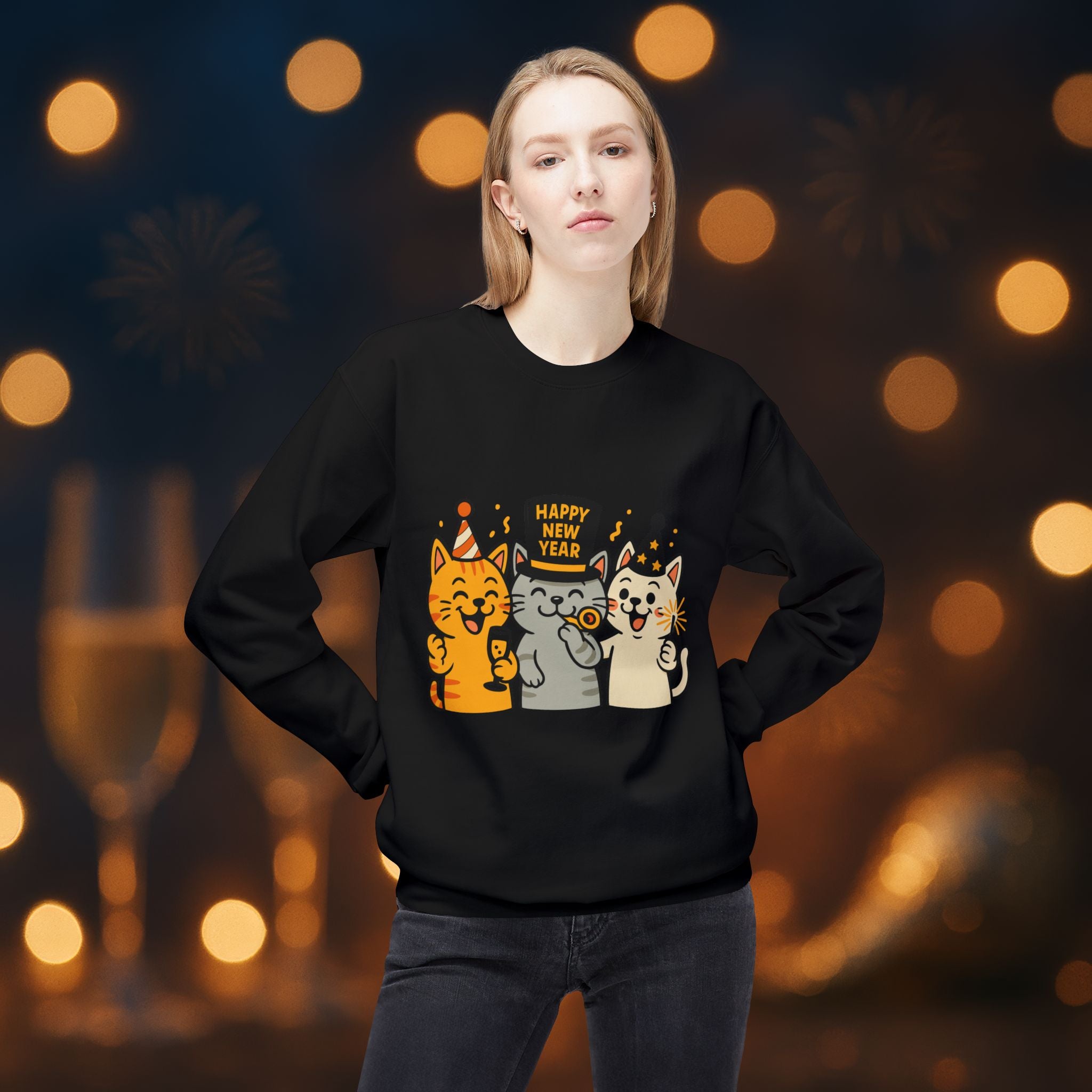 Happy New Year Cats Sweatshirt – Cute Party Cat Crewneck | New Year’s Eve Cat Lover Gift