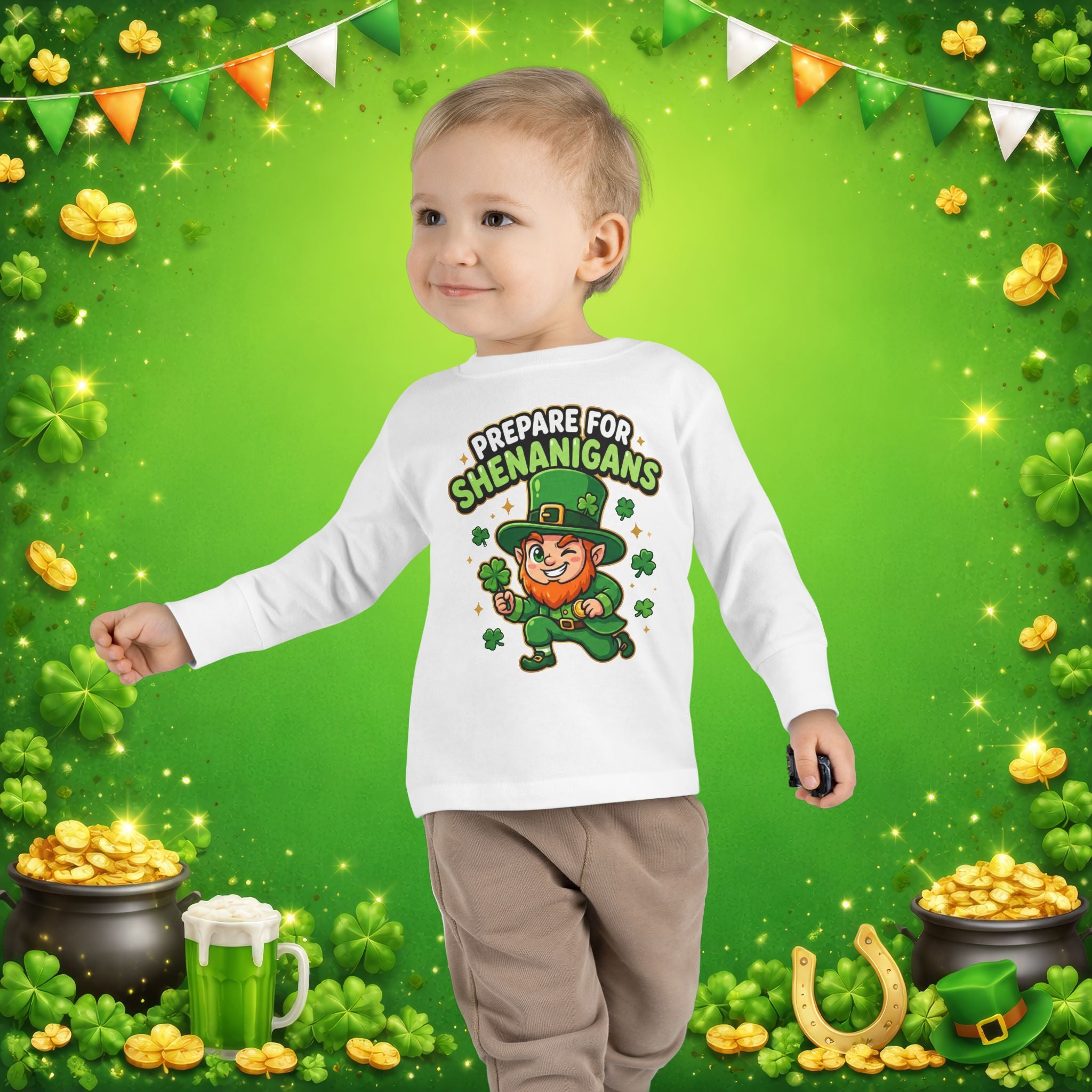 Prepare For Shenanigans Toddler Long Sleeve Shirt – Funny St. Patrick’s Day Leprechaun Tee for Kids
