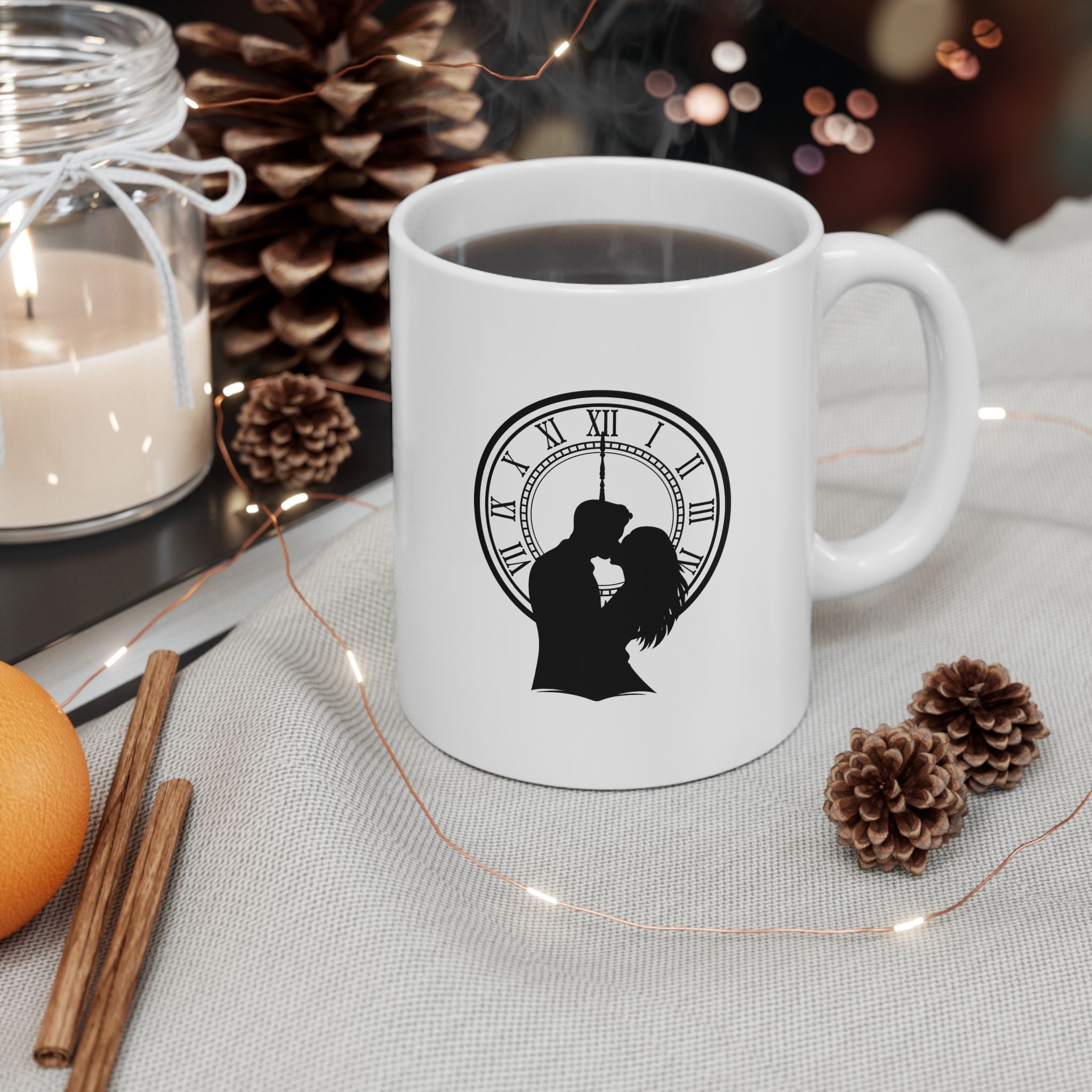 Midnight Kiss New Year’s Eve Coffee Mug – Romantic Clock Silhouette | 11oz & 15oz