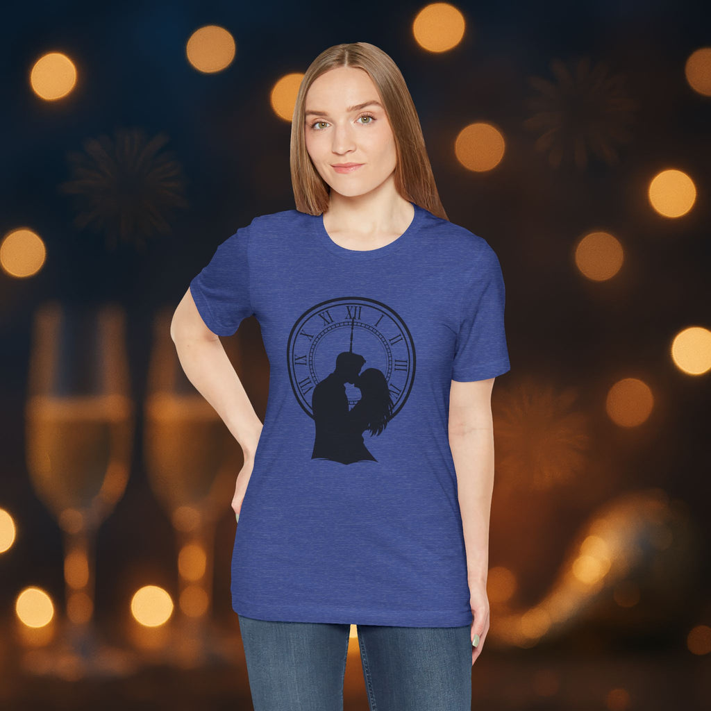 Midnight Kiss New Year’s Eve T-Shirt – Romantic Clock Silhouette Celebration Tee