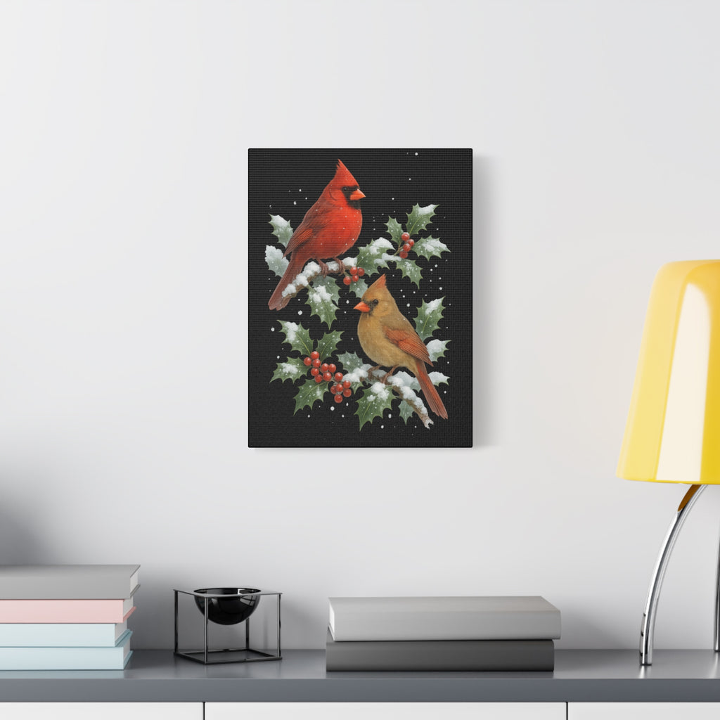 Winter Cardinals Canvas Print – Red & Gold Cardinals on Holly Branches
