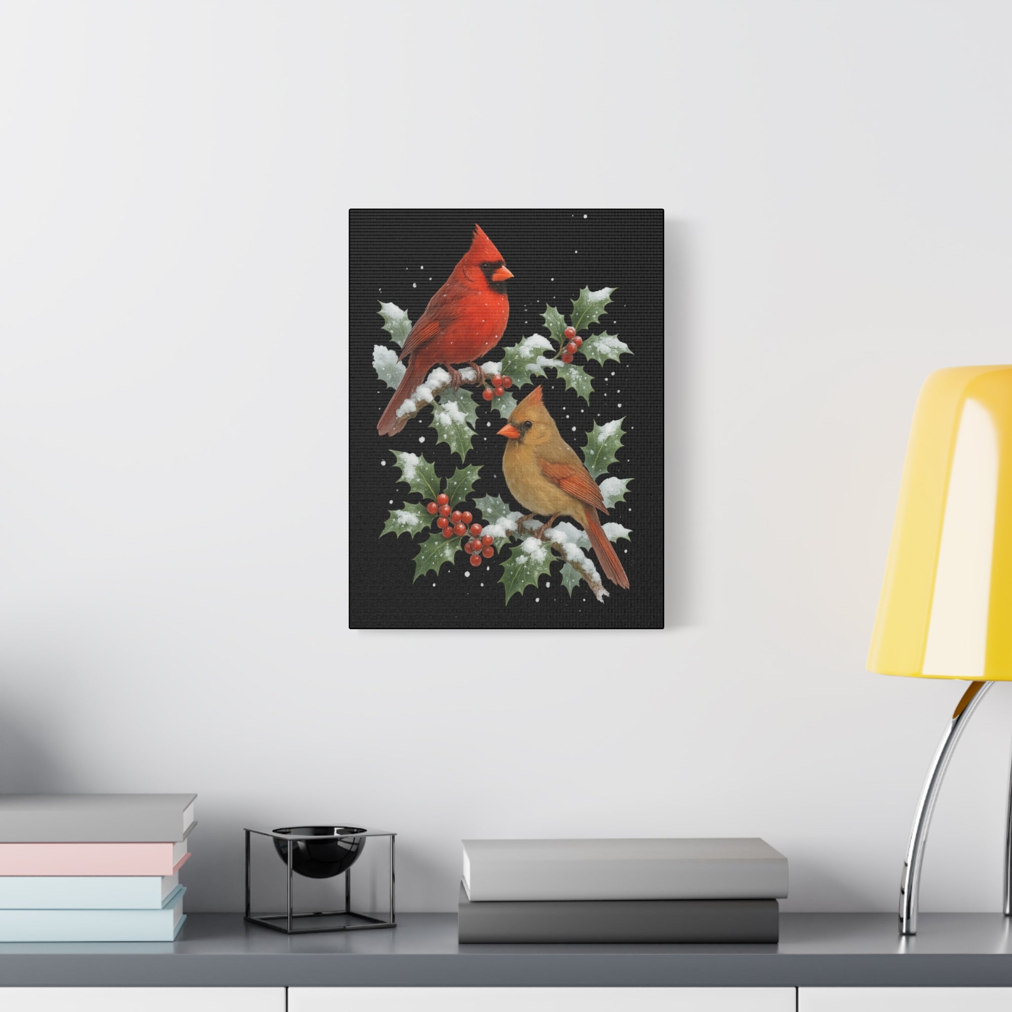 Winter Cardinals Canvas Print – Red & Gold Cardinals on Holly Branches