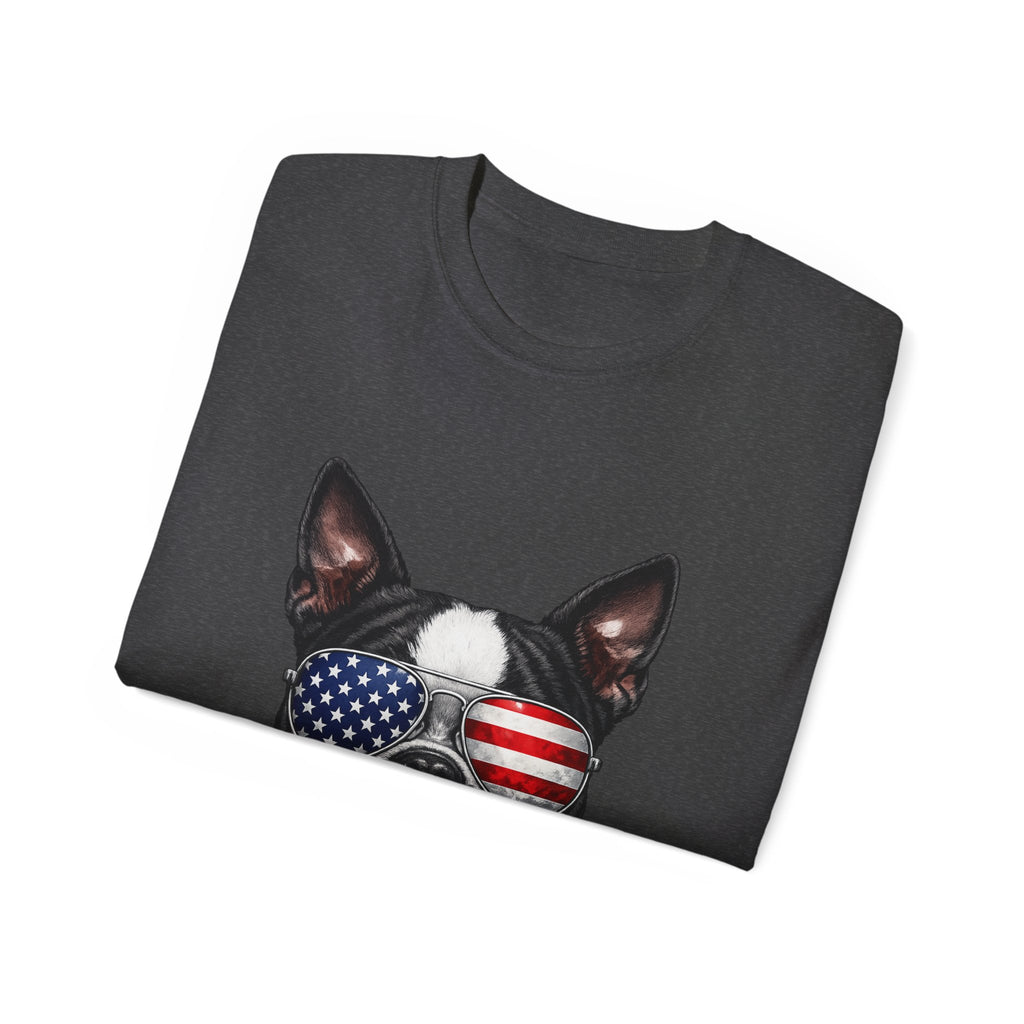 Patriotic Boston Terrier 4th of July T-Shirt | American Flag Dog Sunglasses Tee