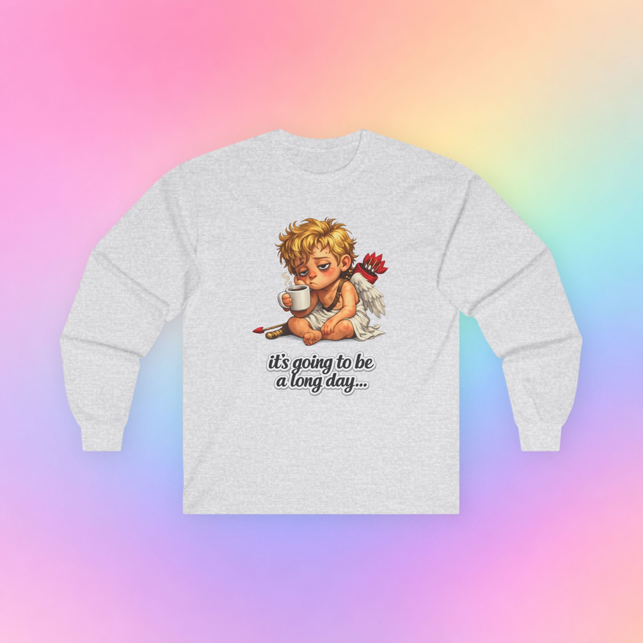 It’s Going to Be a Long Day Cupid Long Sleeve Shirt – Funny Valentine’s Day Coffee Angel Tee