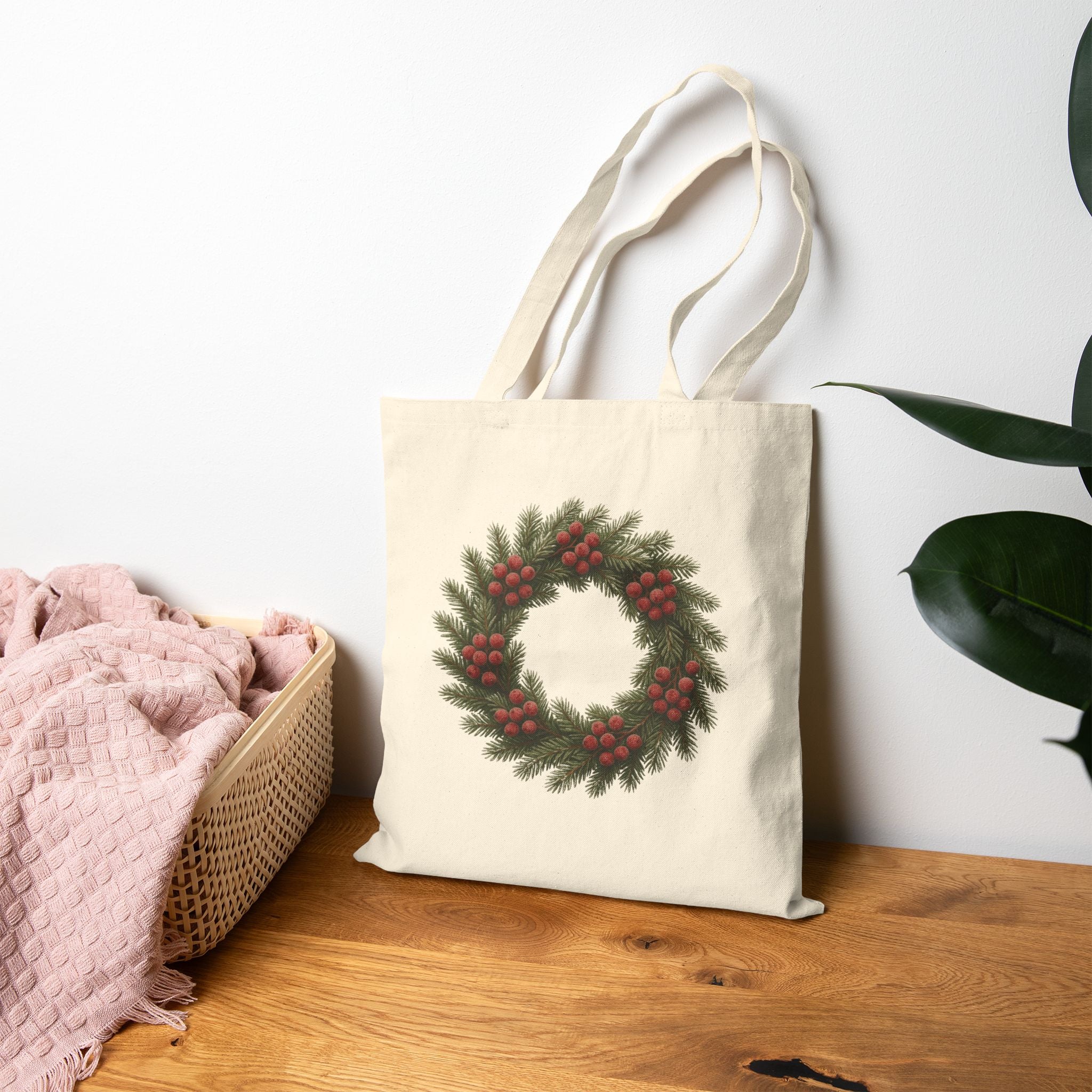 Eco-Friendly Christmas Wreath Canvas Tote Bag | Reusable Holiday Shopping & Gift Bag