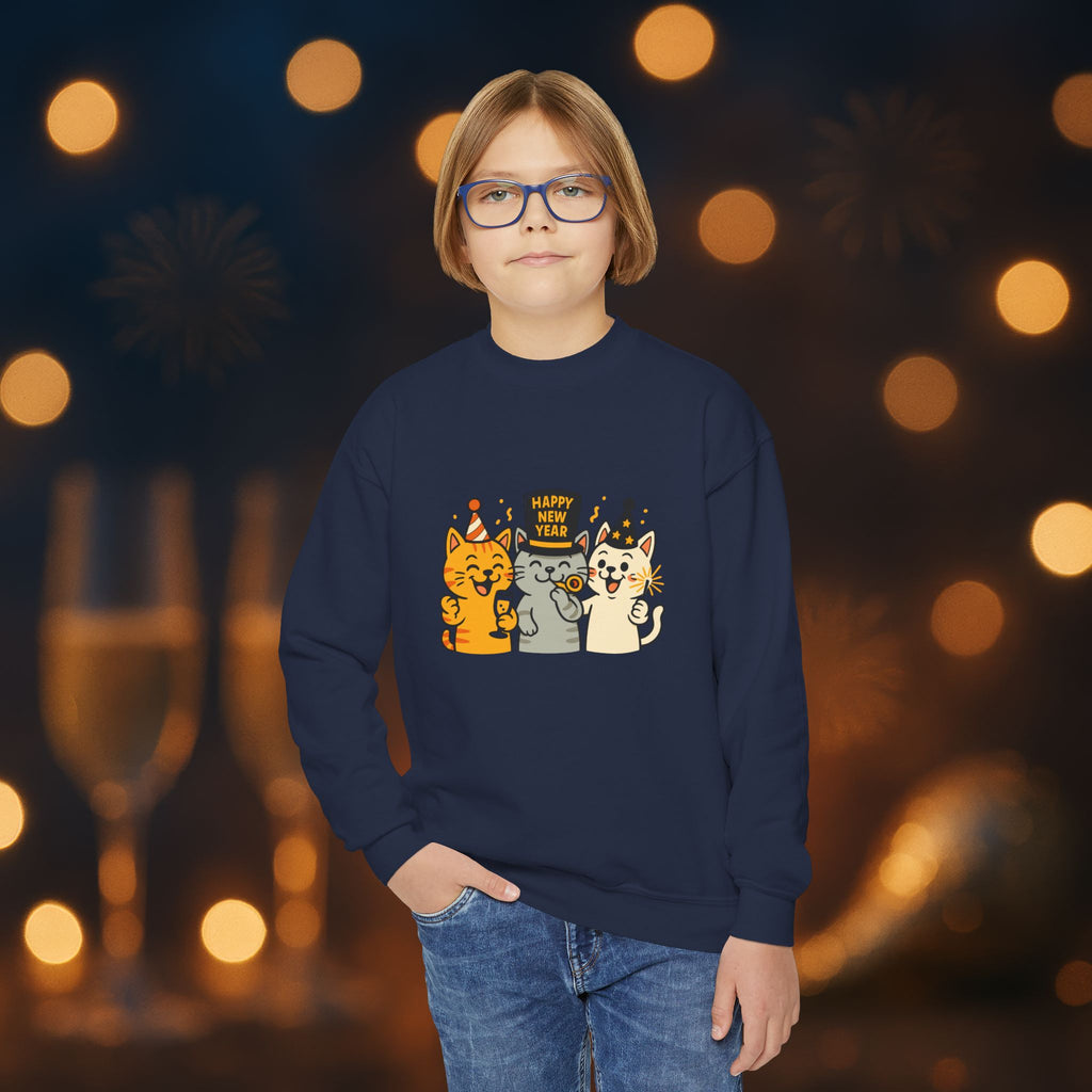 Happy New Year Cats Youth Crewneck Sweatshirt – Cute Party Cats Sweatshirt for Kids
