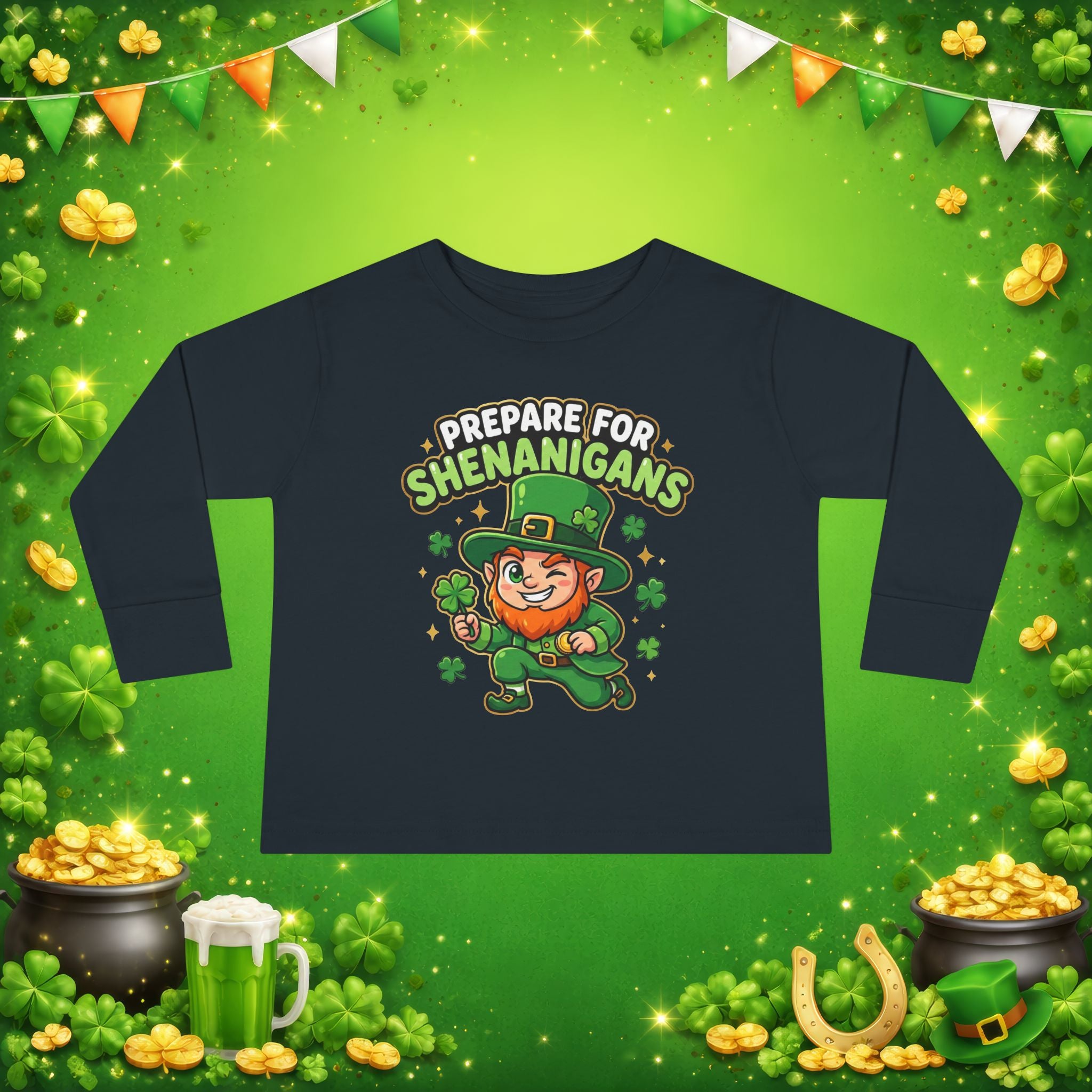 Prepare For Shenanigans Toddler Long Sleeve Shirt – Funny St. Patrick’s Day Leprechaun Tee for Kids