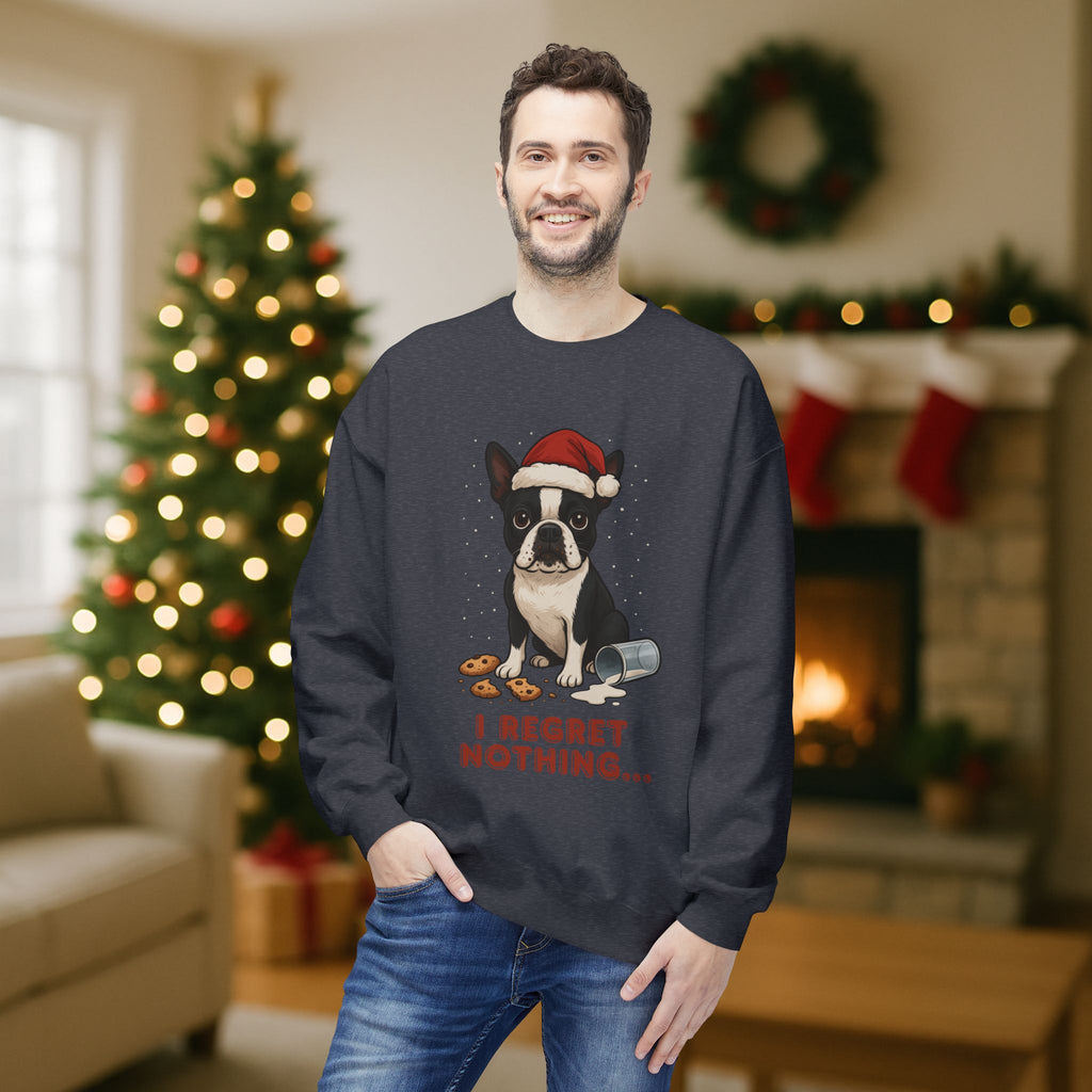 Boston Terrier “I Regret Nothing” Christmas Sweatshirt – Funny Holiday Dog Cookie Shirt