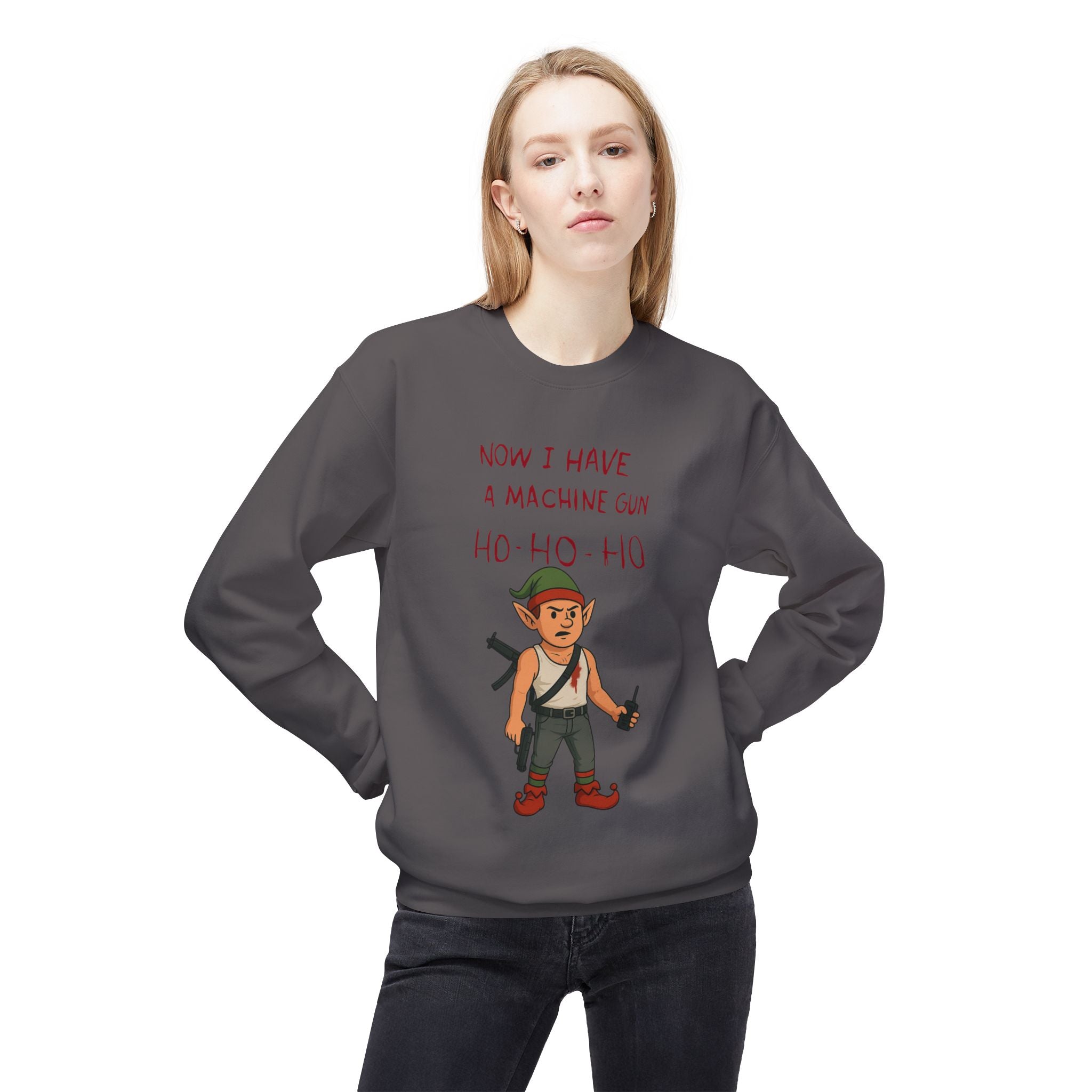 "Ho Ho Ho Machine Gun Elf Christmas Sweatshirt – Funny Die Hard Inspired Holiday Design"