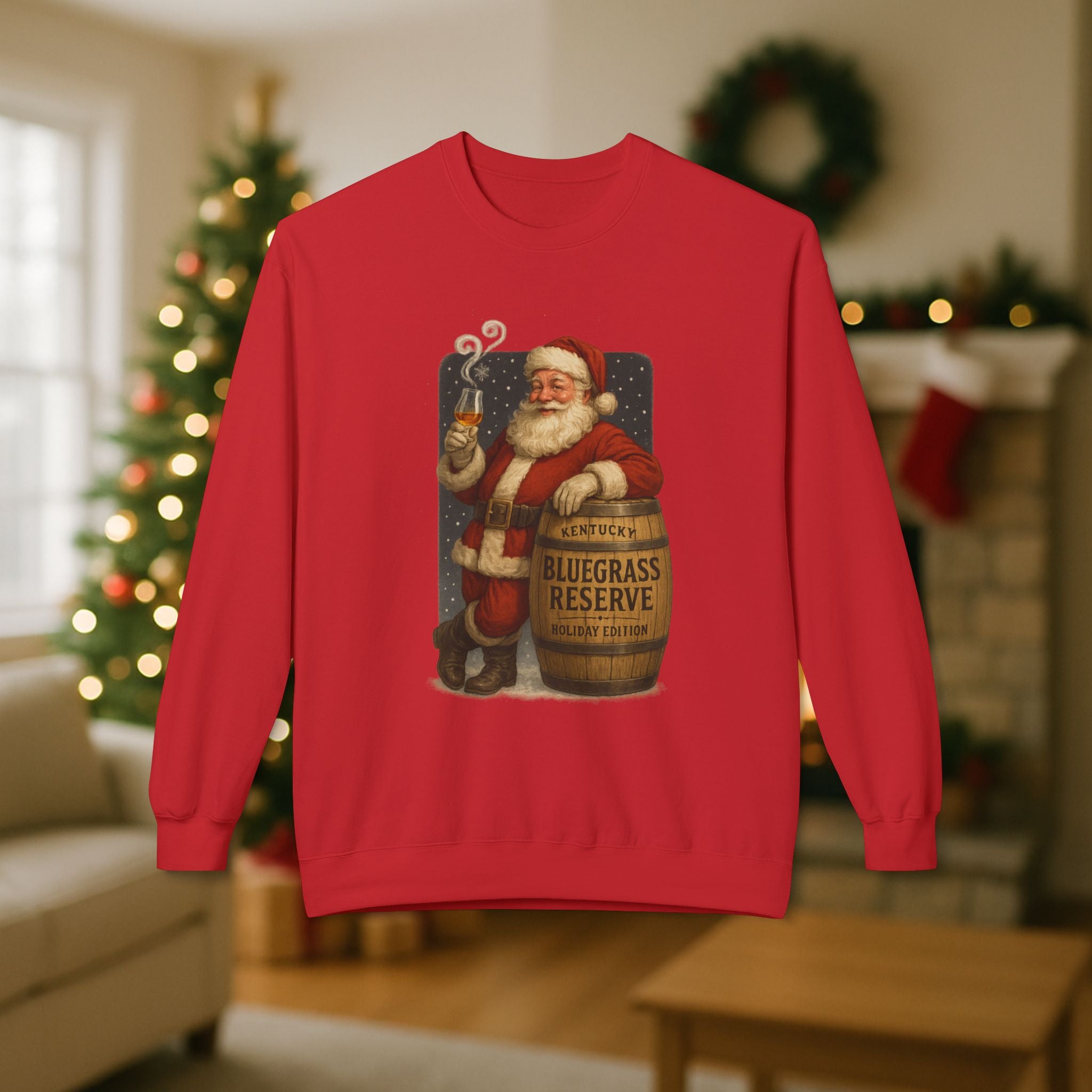 Kentucky “Bluegrass Reserve” Santa Bourbon Christmas Sweatshirt – Vintage Holiday Distillery Graphic