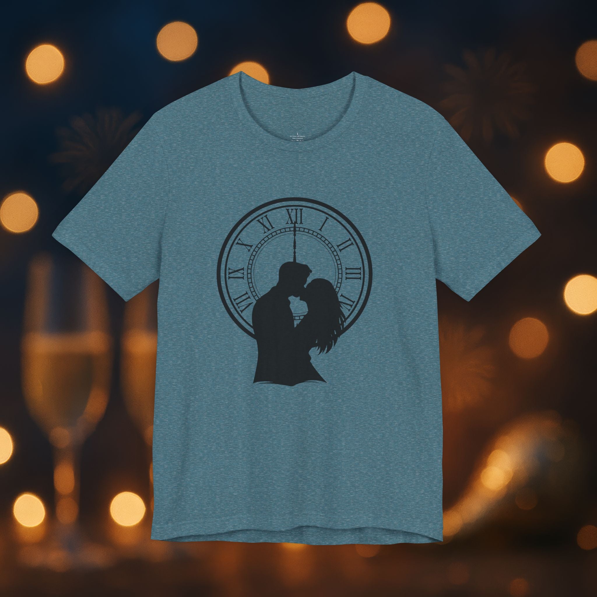 Midnight Kiss New Year’s Eve T-Shirt – Romantic Clock Silhouette Celebration Tee