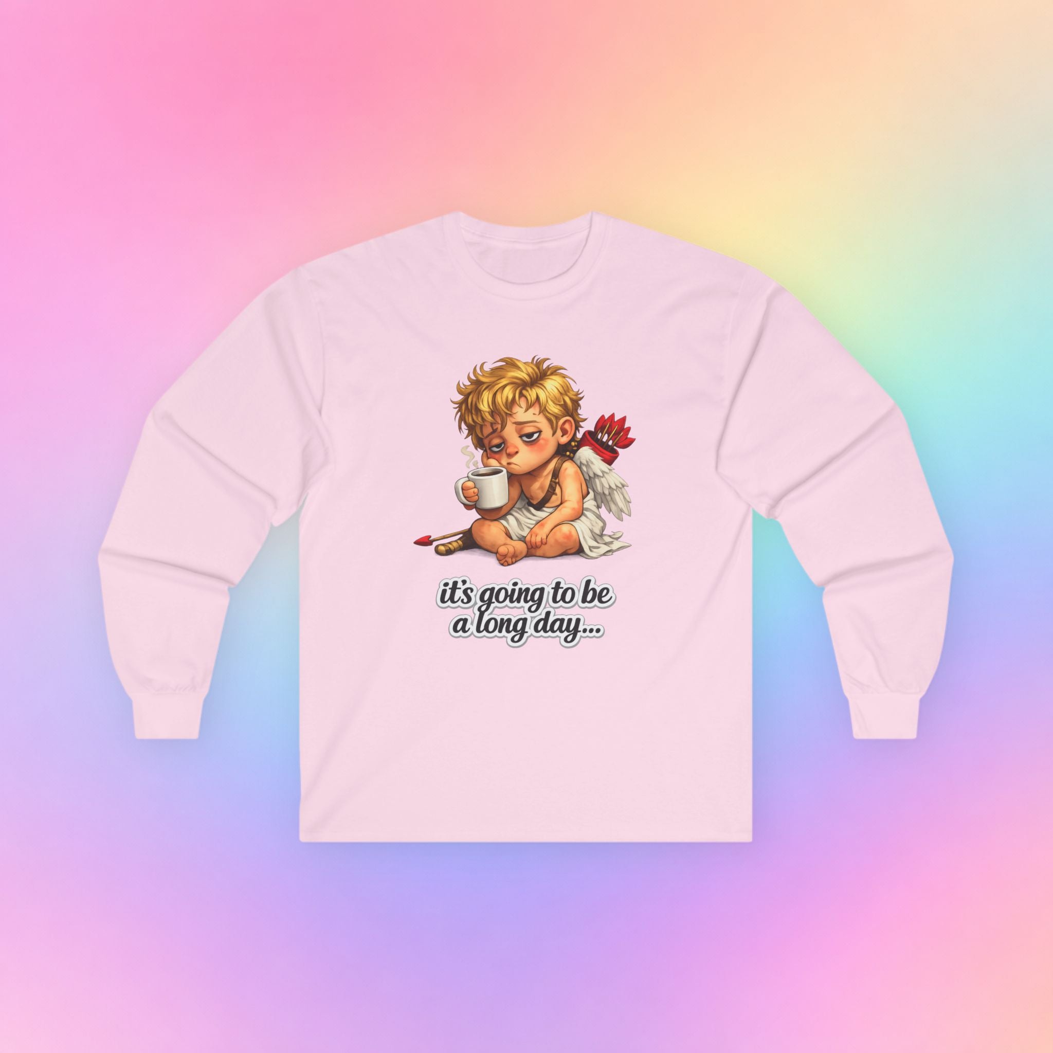 It’s Going to Be a Long Day Cupid Long Sleeve Shirt – Funny Valentine’s Day Coffee Angel Tee