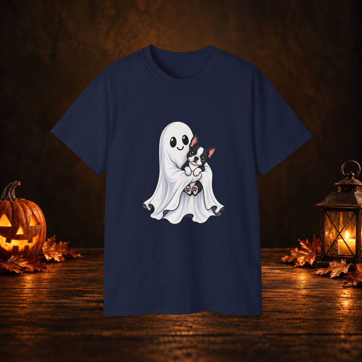 Cute Ghost & Boston Terrier Halloween T‑Shirt