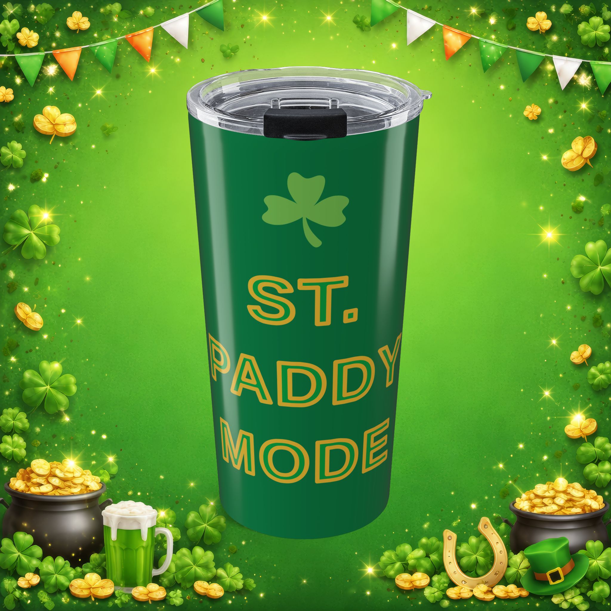 ST. PADDY MODE 20oz Tumbler – St. Patrick’s Day Stainless Steel Travel Cup with Emerald & Gold Design