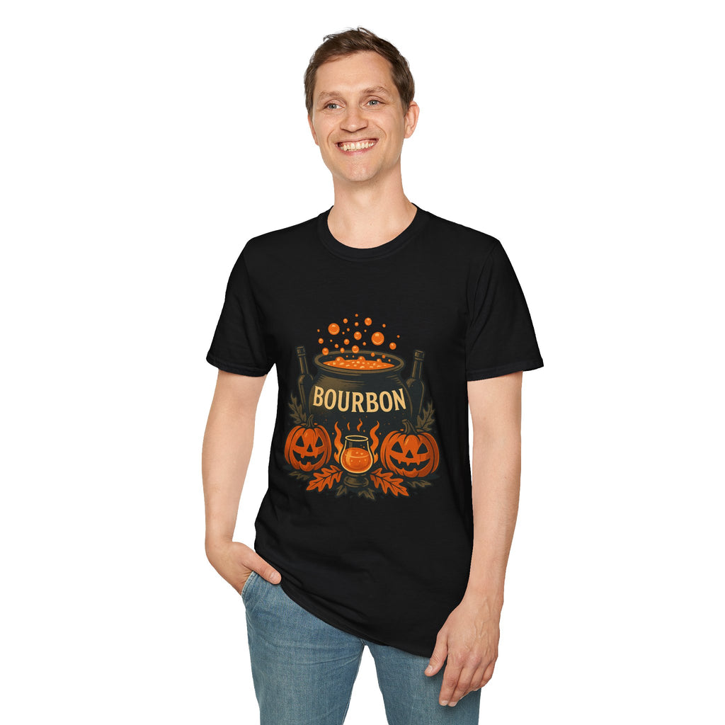 Halloween Bourbon Cauldron T-Shirt – Spooky Pumpkin & Whiskey Glass Design