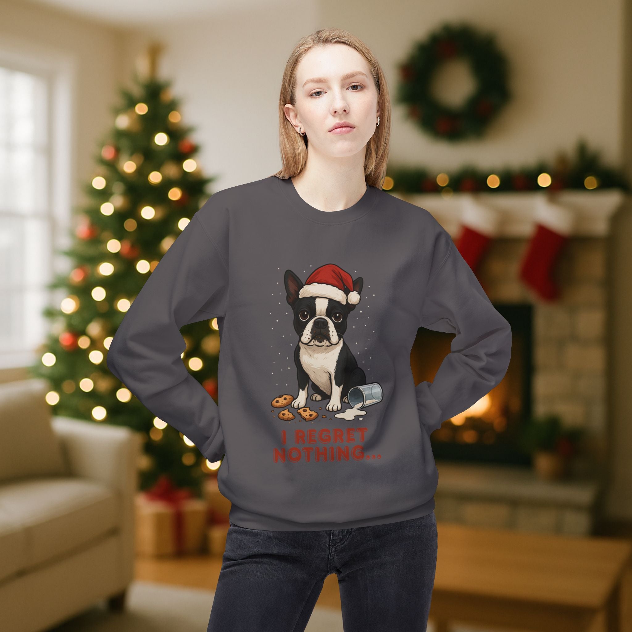 Boston Terrier “I Regret Nothing” Christmas Sweatshirt – Funny Holiday Dog Cookie Shirt