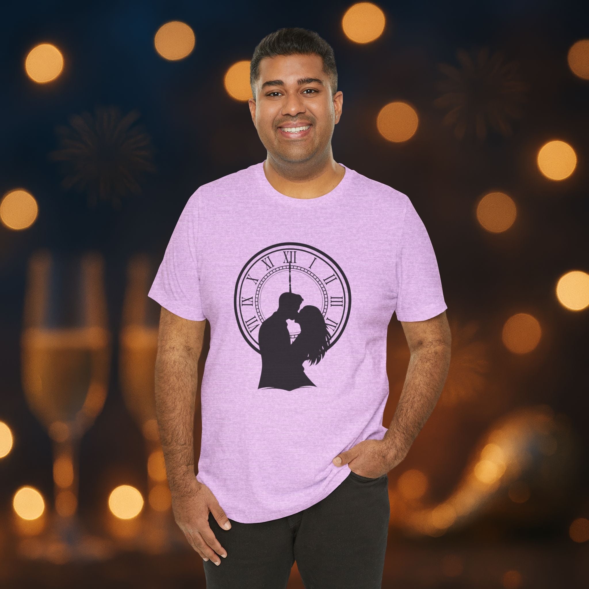 Midnight Kiss New Year’s Eve T-Shirt – Romantic Clock Silhouette Celebration Tee