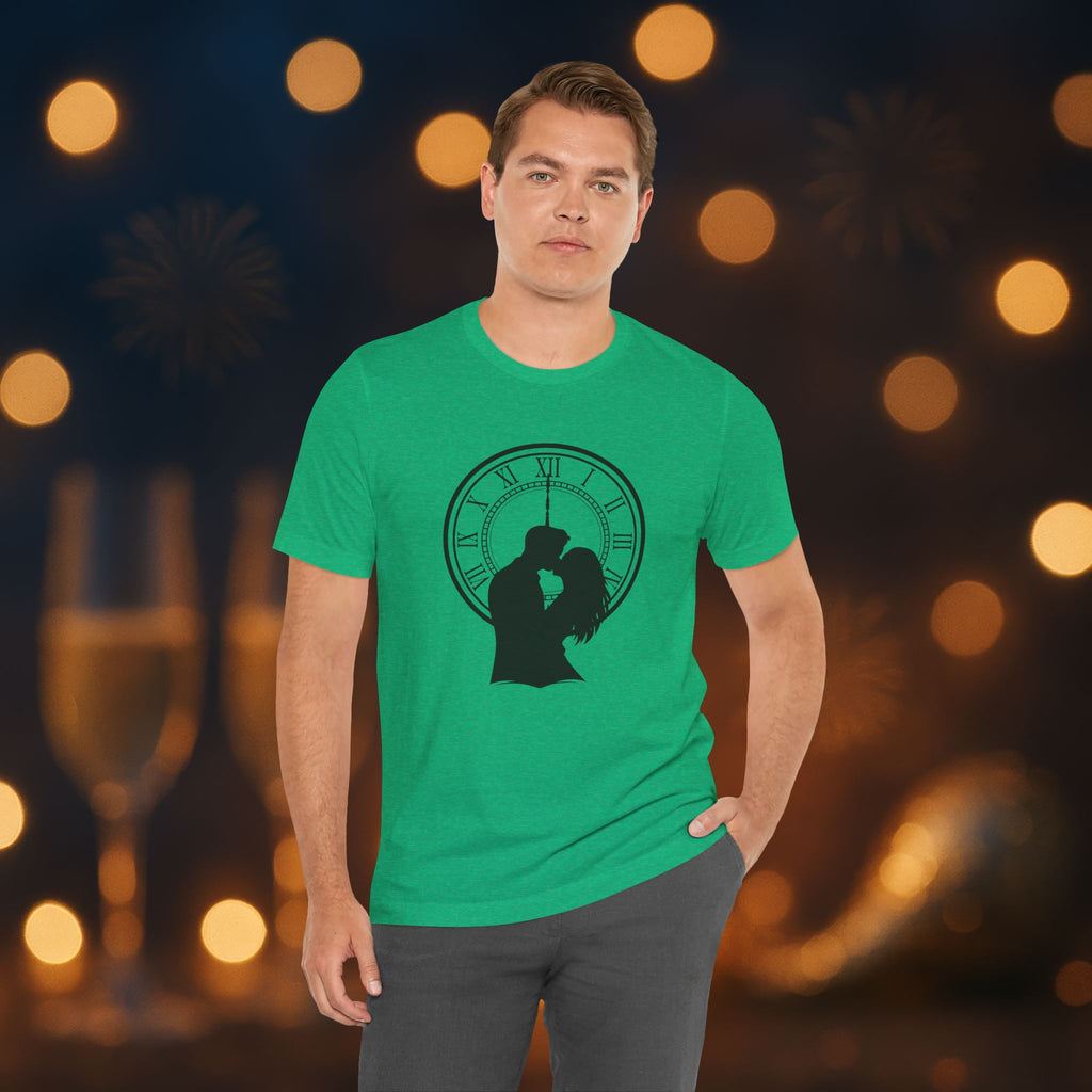 Midnight Kiss New Year’s Eve T-Shirt – Romantic Clock Silhouette Celebration Tee