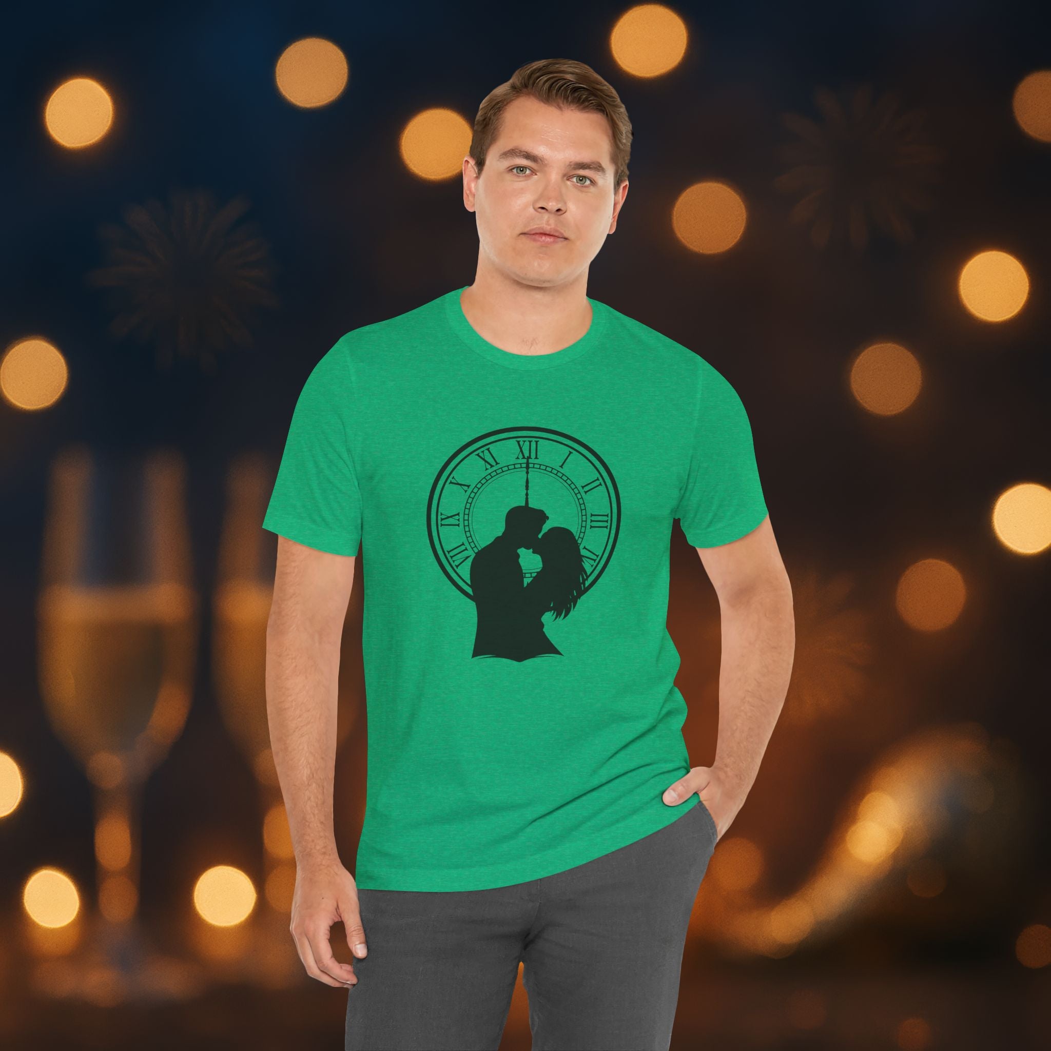 Midnight Kiss New Year’s Eve T-Shirt – Romantic Clock Silhouette Celebration Tee