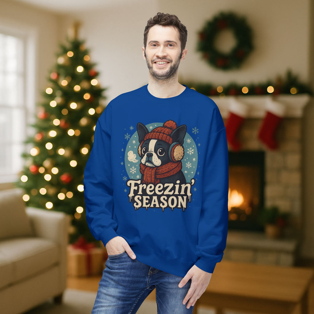 Winter “Freezin’ Season” Boston Terrier Sweatshirt – Cozy Holiday Dog Lover Pullover