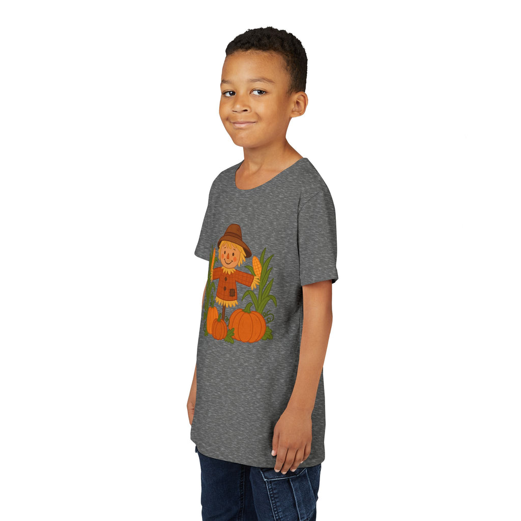 🍂 Cute Fall Scarecrow Kids T-Shirt – Autumn Pumpkins & Corn Patch Design