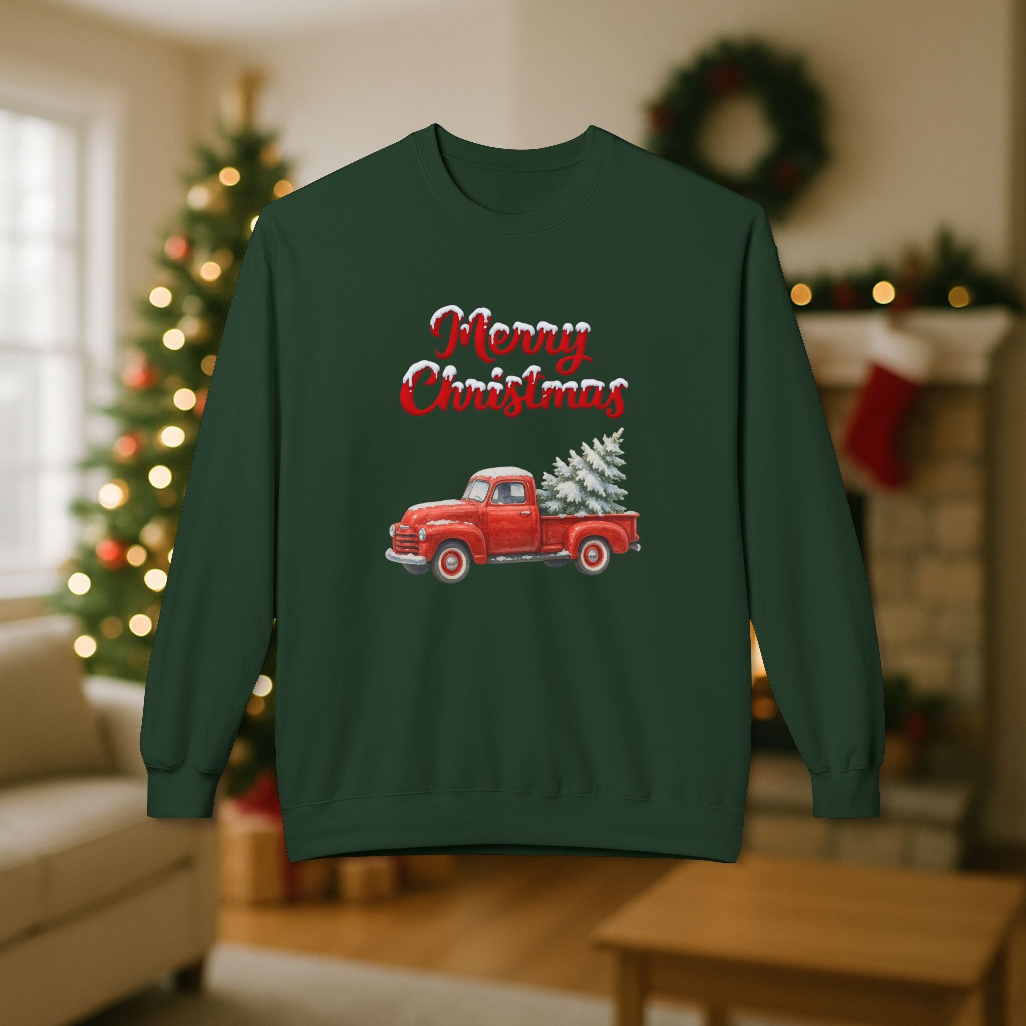 Merry Christmas Red Vintage Truck Sweatshirt – Cozy Holiday Crewneck with Christmas Tree Design