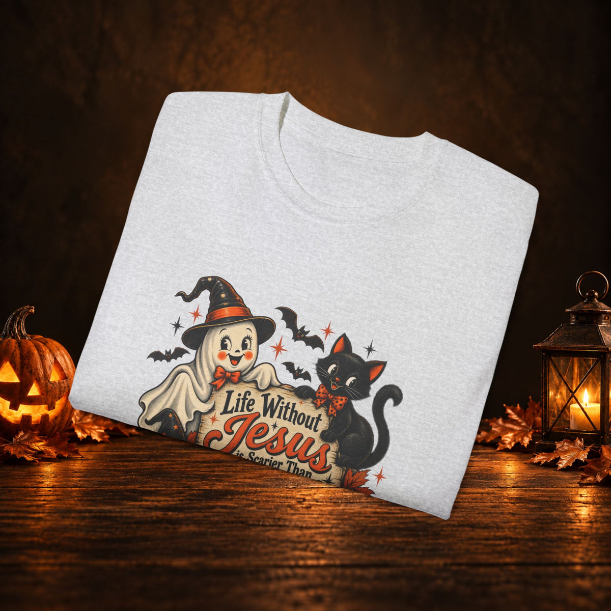 Halloween Christian T-Shirt — “Life Without Jesus Is Scary” Pumpkin & Cat Tee
