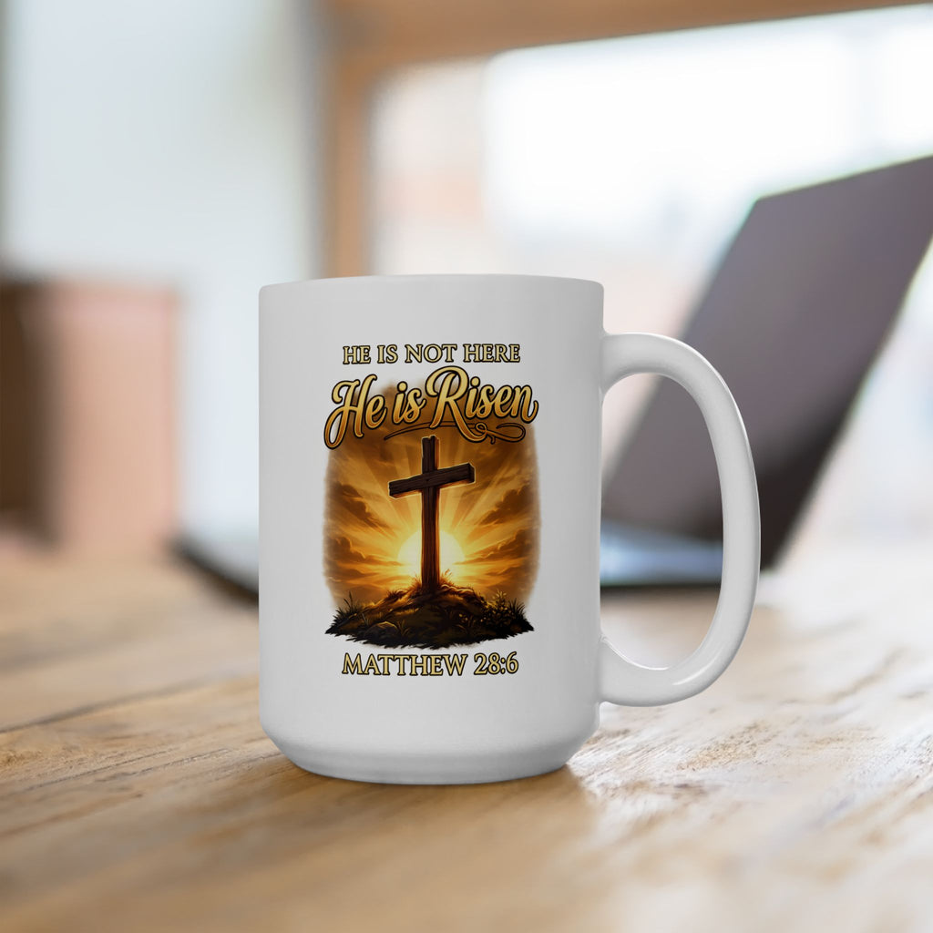 He Is Risen Coffee Mug – Matthew 28:6 Christian Easter Mug Religious Cross Sunrise Cup Faith-Based Gift