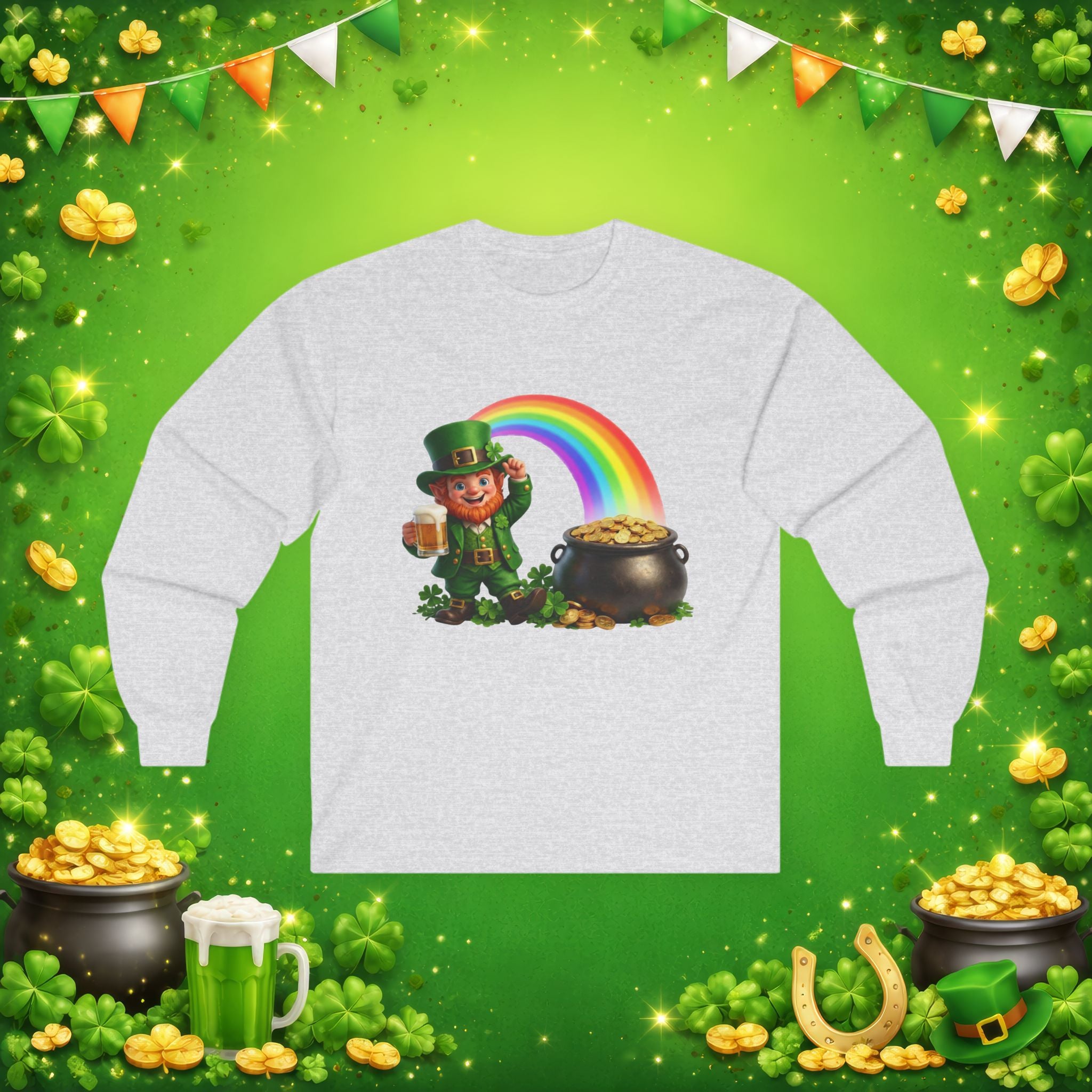 Lucky Leprechaun Rainbow Gold St. Patrick’s Day Long Sleeve T-Shirt | Irish Beer Tee