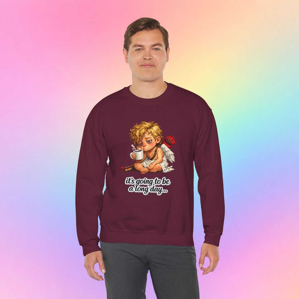 It’s Going to Be a Long Day Cupid Valentine’s Day Sweatshirt – Funny Coffee Angel Pullover