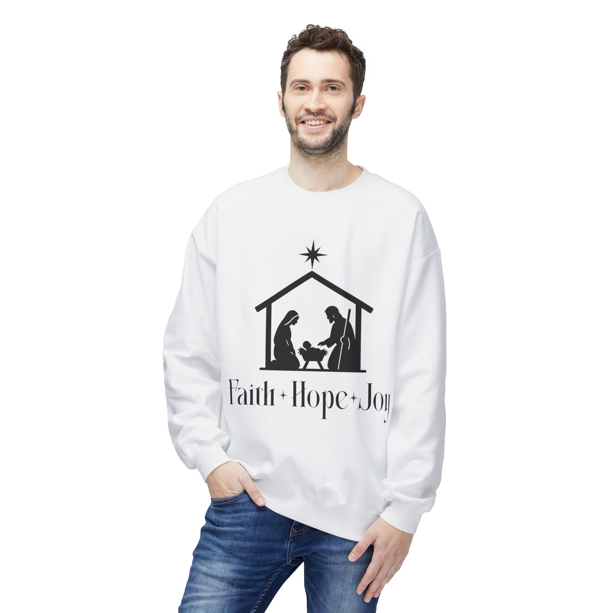 Faith • Hope • Joy Nativity Christmas Sweatshirt – Minimalist Holy Family Design