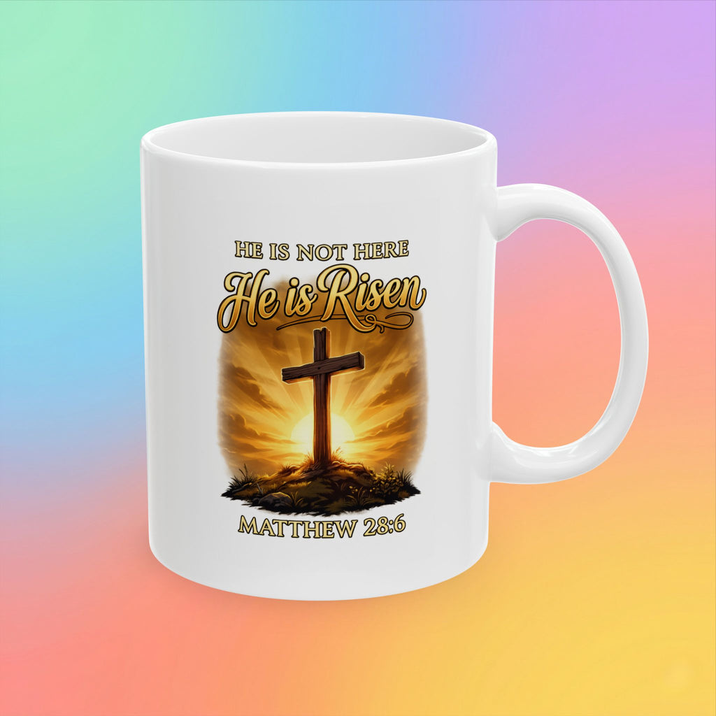 He Is Risen Coffee Mug – Matthew 28:6 Christian Easter Mug Religious Cross Sunrise Cup Faith-Based Gift