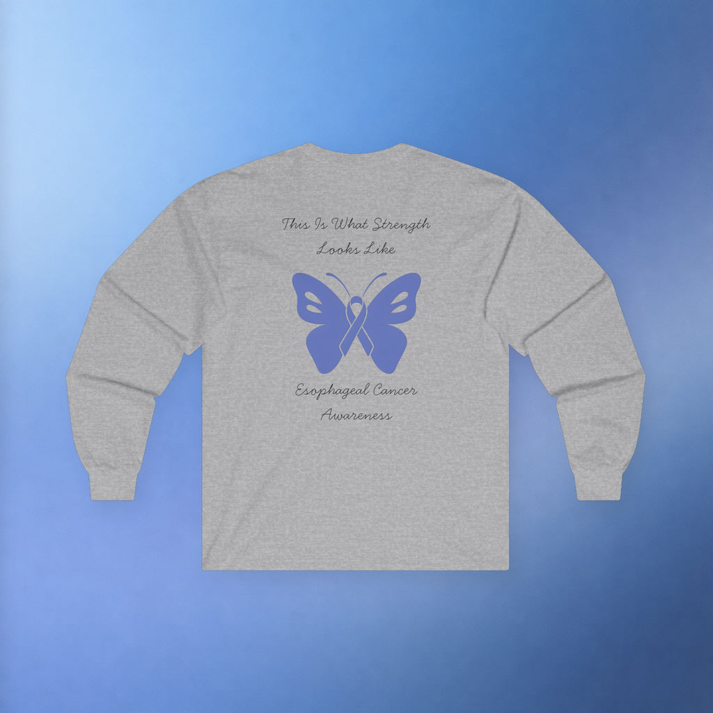 Esophageal Cancer Awareness Long Sleeve T-Shirt | This Is What Strength Looks Like Butterfly Ribbon Shirt