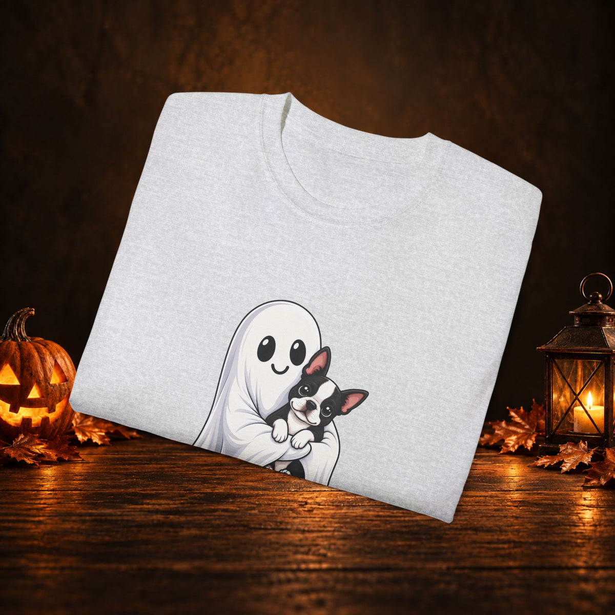 Cute Ghost & Boston Terrier Halloween T‑Shirt
