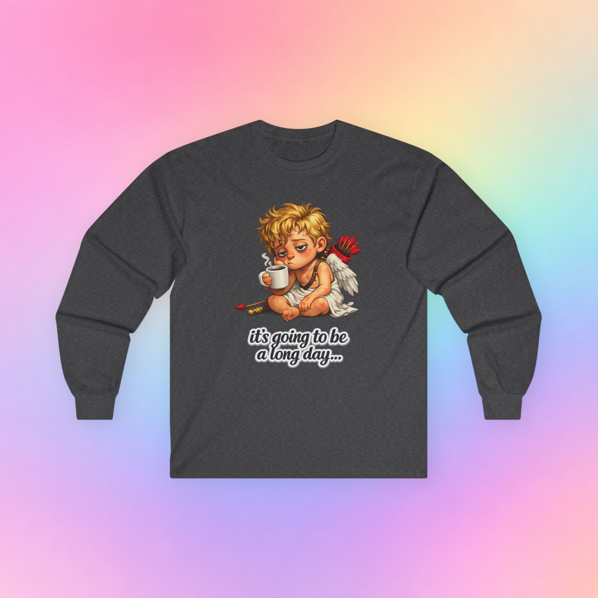 It’s Going to Be a Long Day Cupid Long Sleeve Shirt – Funny Valentine’s Day Coffee Angel Tee