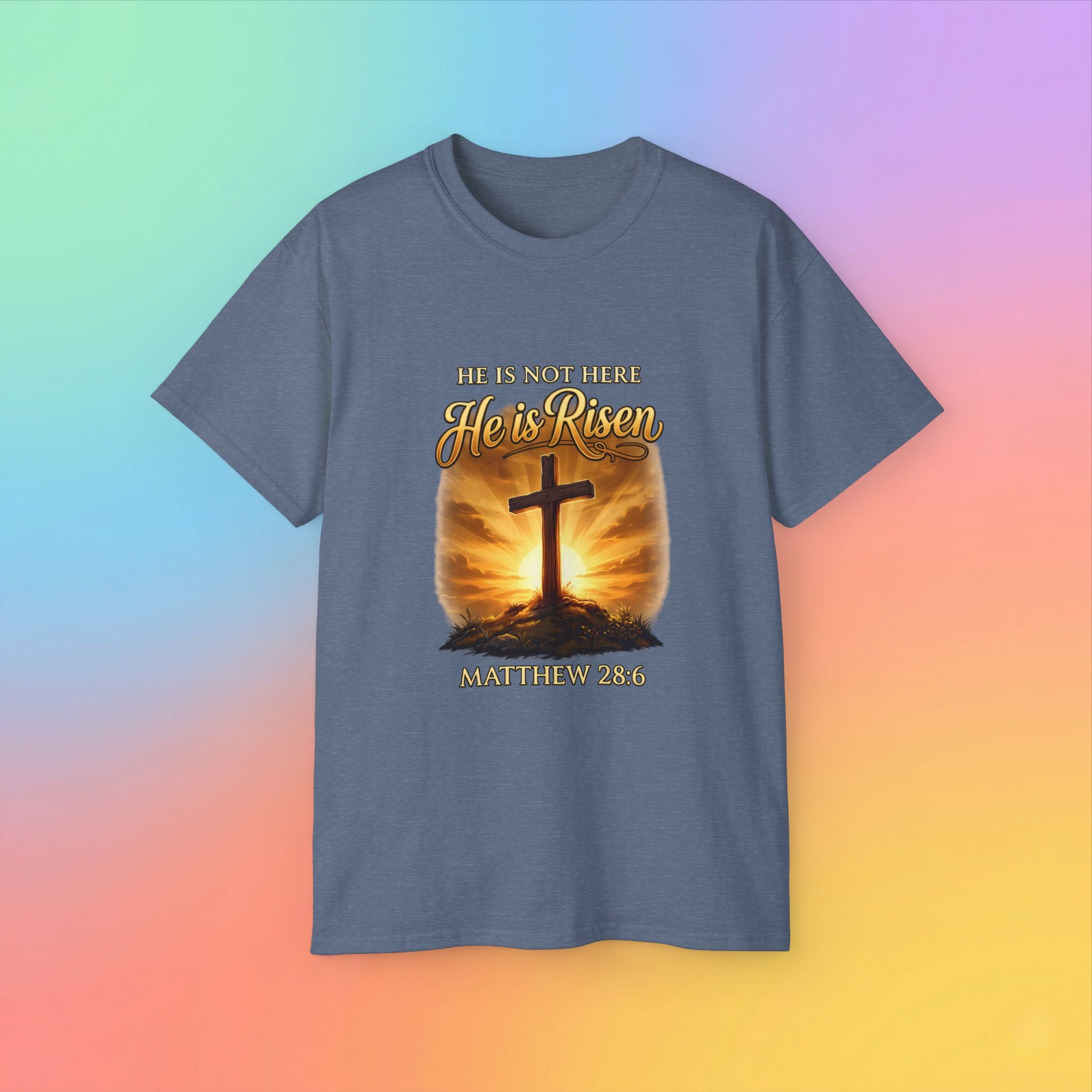 Christian Easter Shirt – He Is Risen Matthew 28:6 Cross Resurrection T-Shirt Faith-Based Easter Apparel