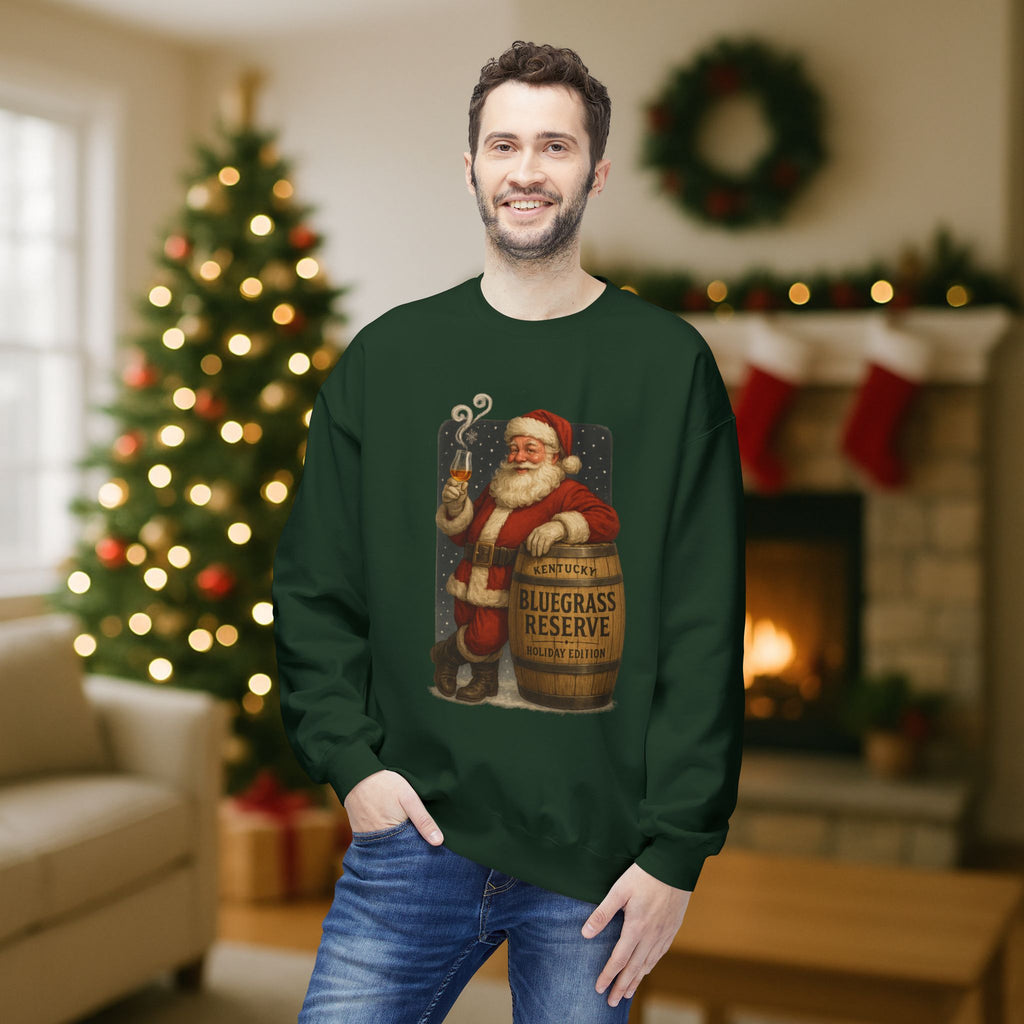 Kentucky “Bluegrass Reserve” Santa Bourbon Christmas Sweatshirt – Vintage Holiday Distillery Graphic