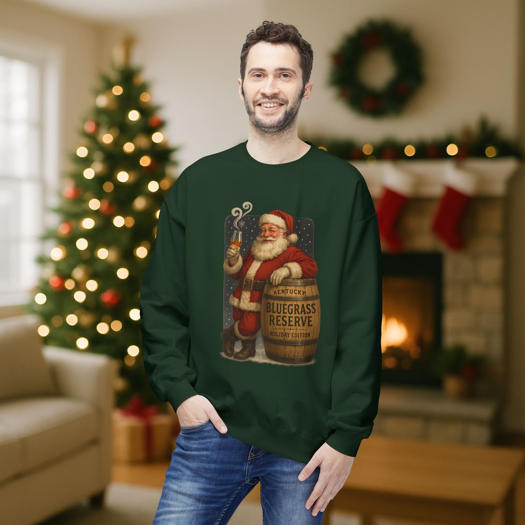 Kentucky “Bluegrass Reserve” Santa Bourbon Christmas Sweatshirt – Vintage Holiday Distillery Graphic