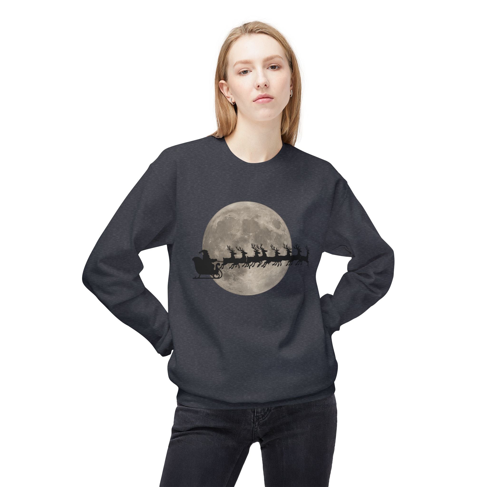 Silent Night Flight — Santa and Reindeer Full Moon Christmas Sweatshirt